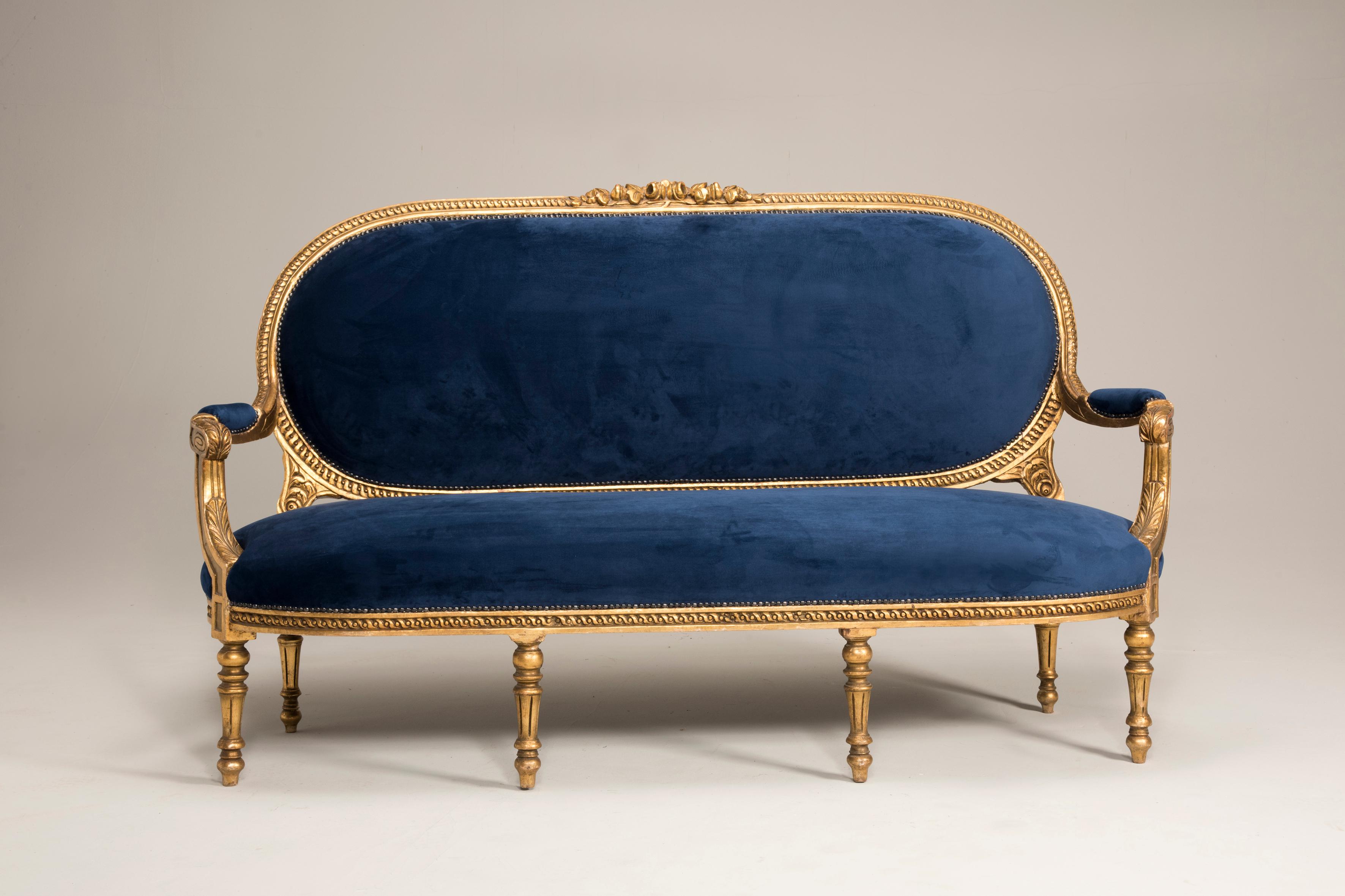 Italian Louis XVI Style Giltwood Goldfoil Blue Velvet Sofa from Italy, from 1950
