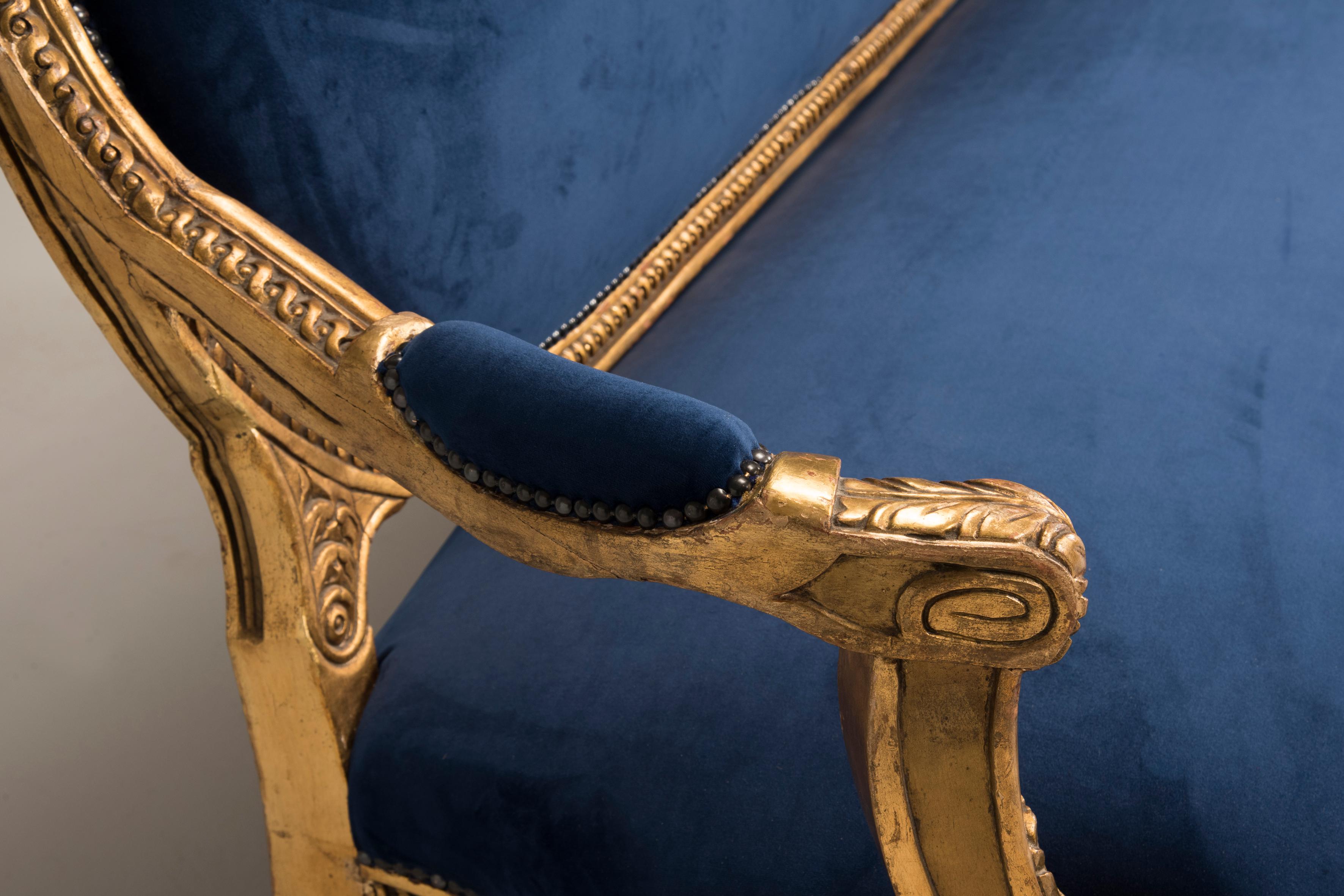 20th Century Louis XVI Style Giltwood Goldfoil Blue Velvet Sofa from Italy, from 1950