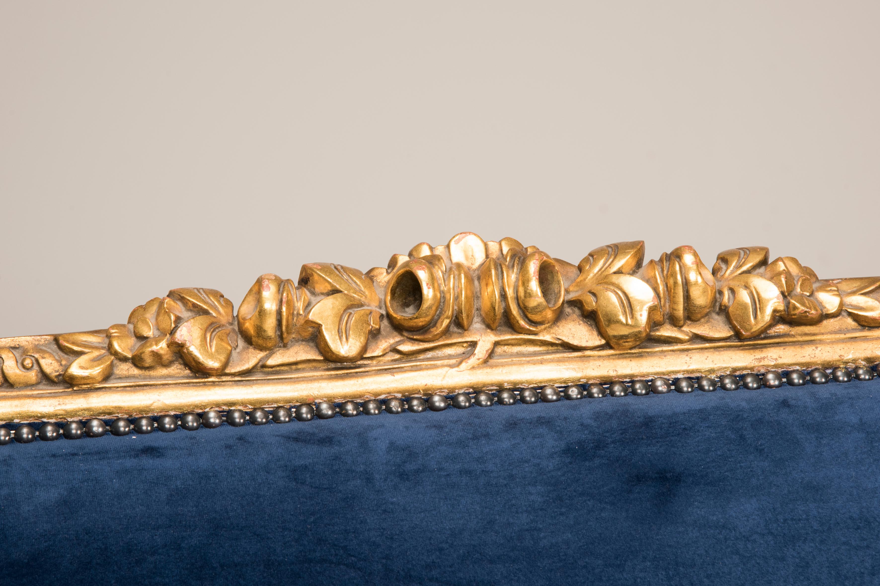 Louis XVI Style Giltwood Goldfoil Blue Velvet Sofa from Italy, from 1950 1
