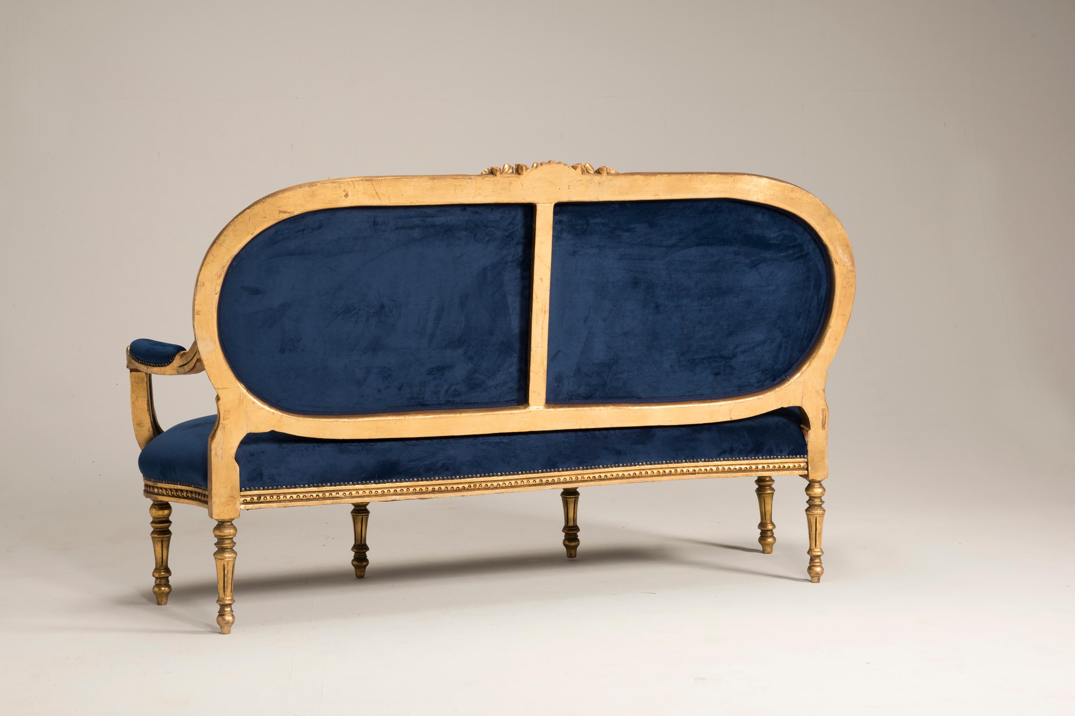 Louis XVI Style Giltwood Goldfoil Blue Velvet Sofa from Italy, from 1950 2