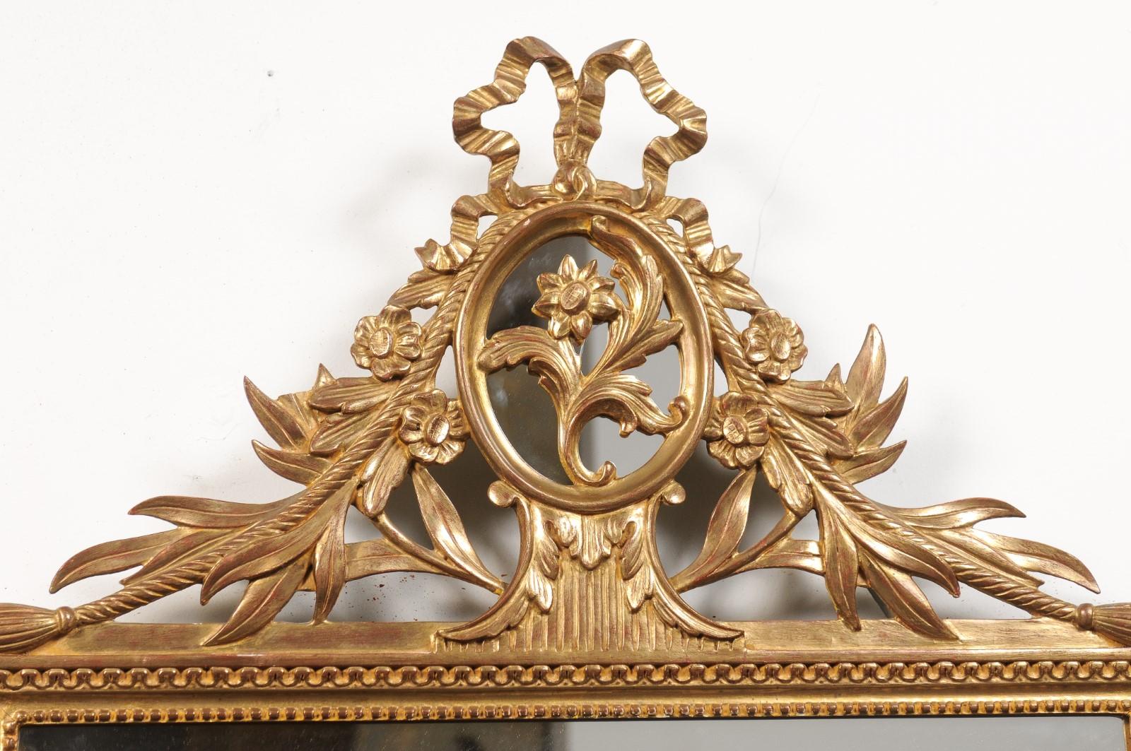 Louis XVI Style Gilt Wood Mirror with Floral Carved Medallion Crest and Tassels For Sale 5