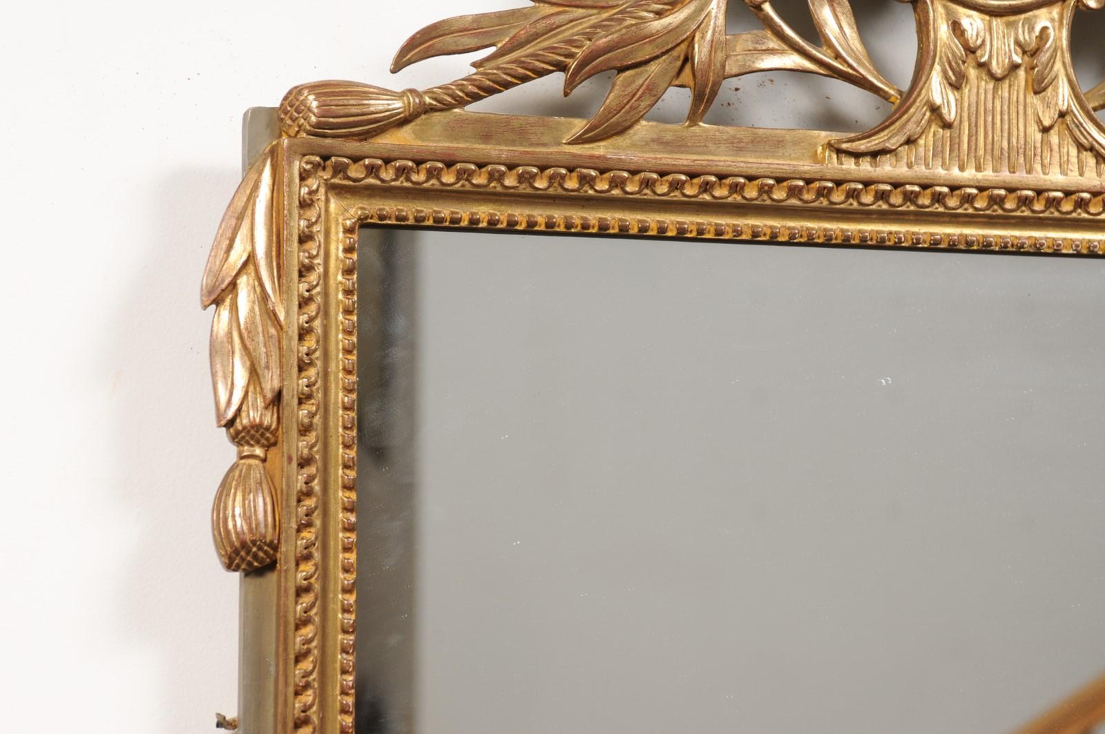 Louis XVI Style Gilt Wood Mirror with Floral Carved Medallion Crest and Tassels For Sale 6
