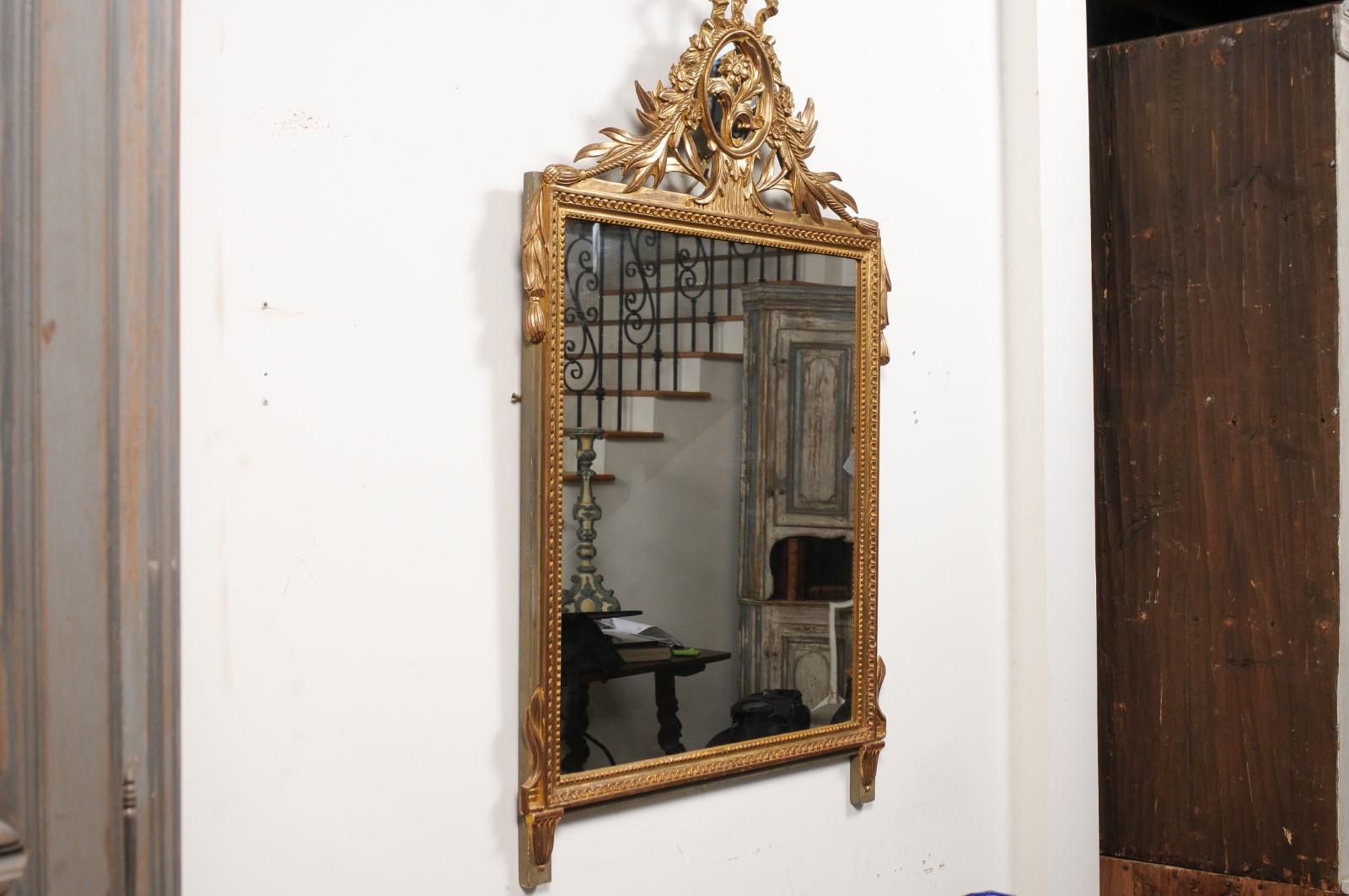 Louis XVI Style Gilt Wood Mirror with Floral Carved Medallion Crest and Tassels For Sale 7