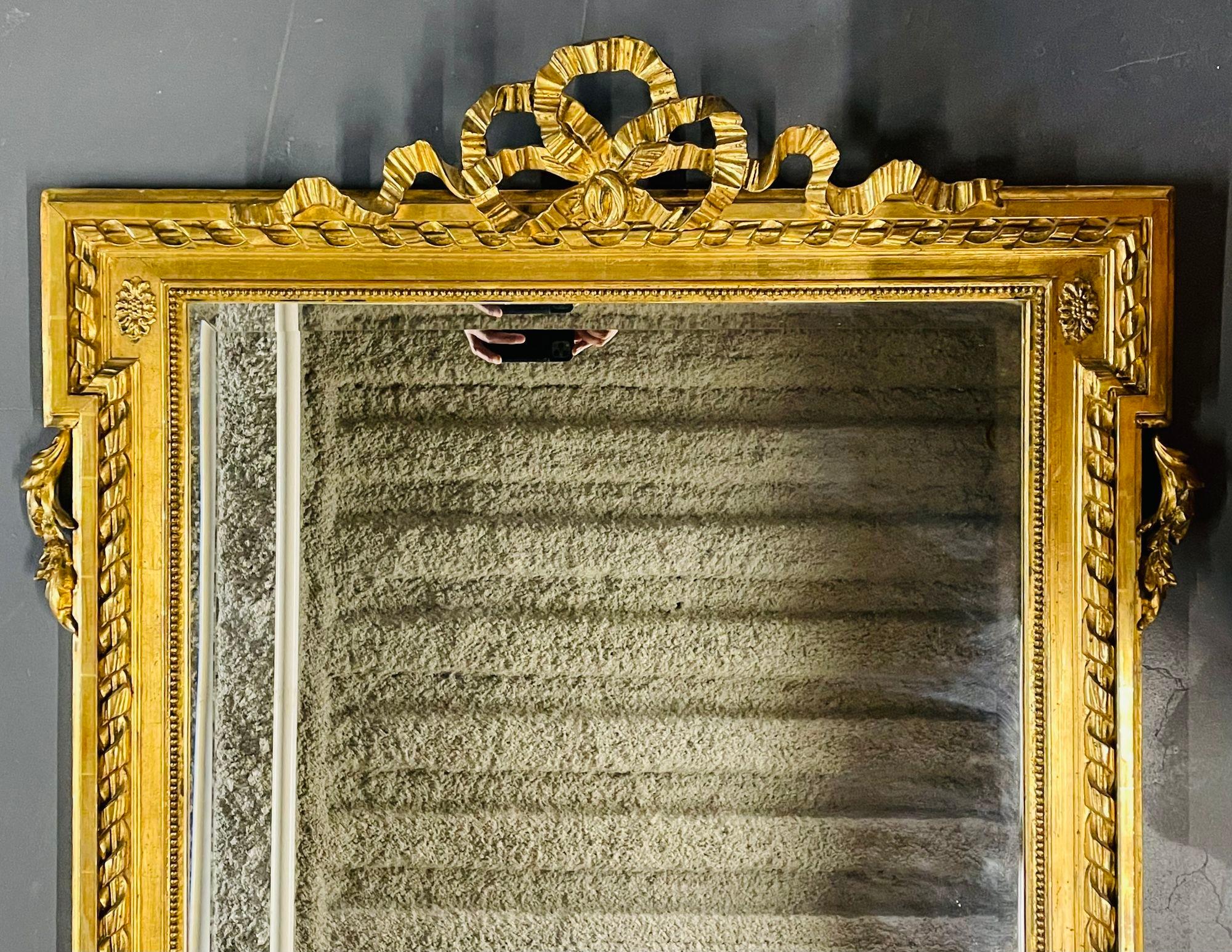 French Louis XVI Style Gilt Wood Pier, Console, Wall Mirror, Beveled For Sale