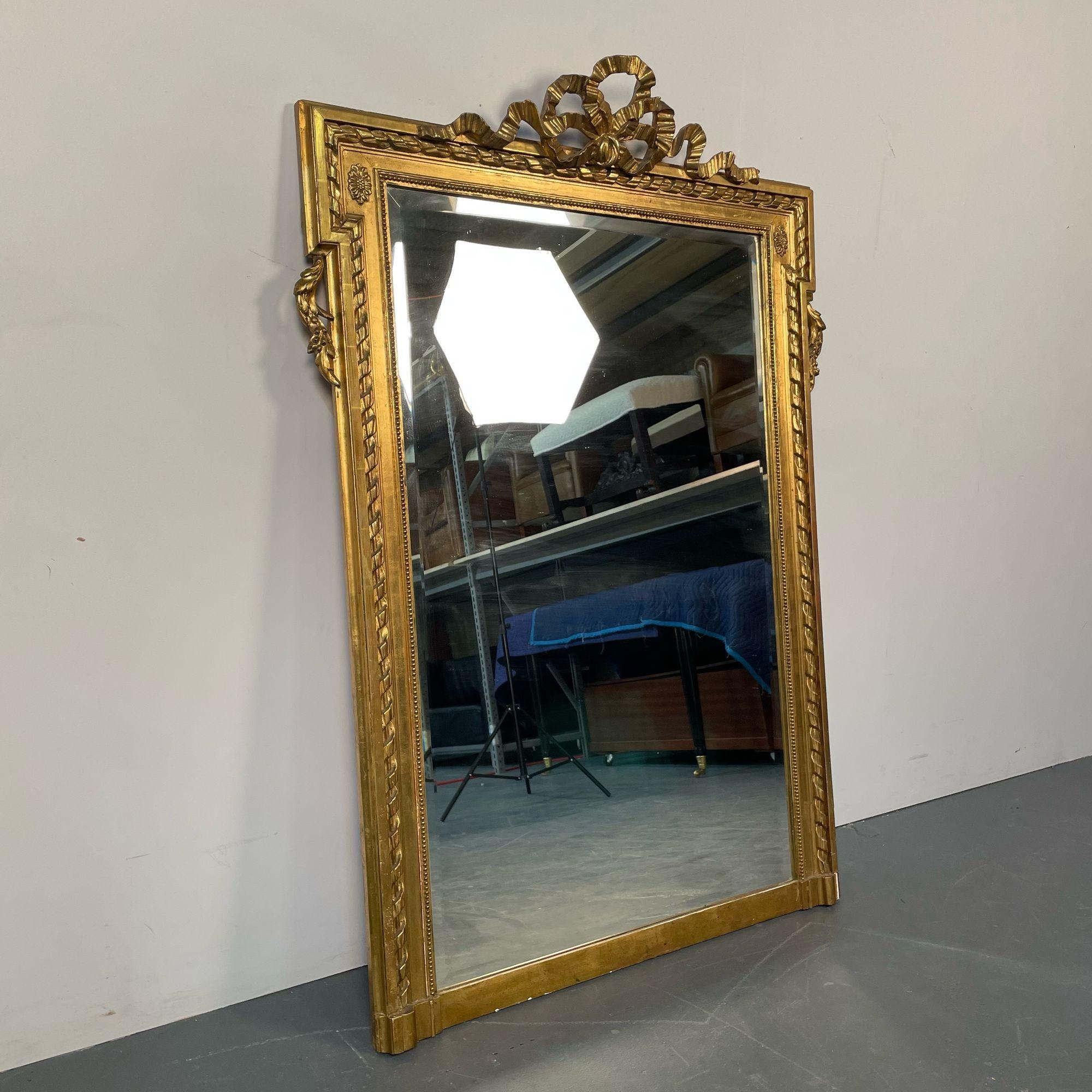 Gesso Louis XVI Style Gilt Wood Pier, Console, Wall Mirror, Beveled For Sale