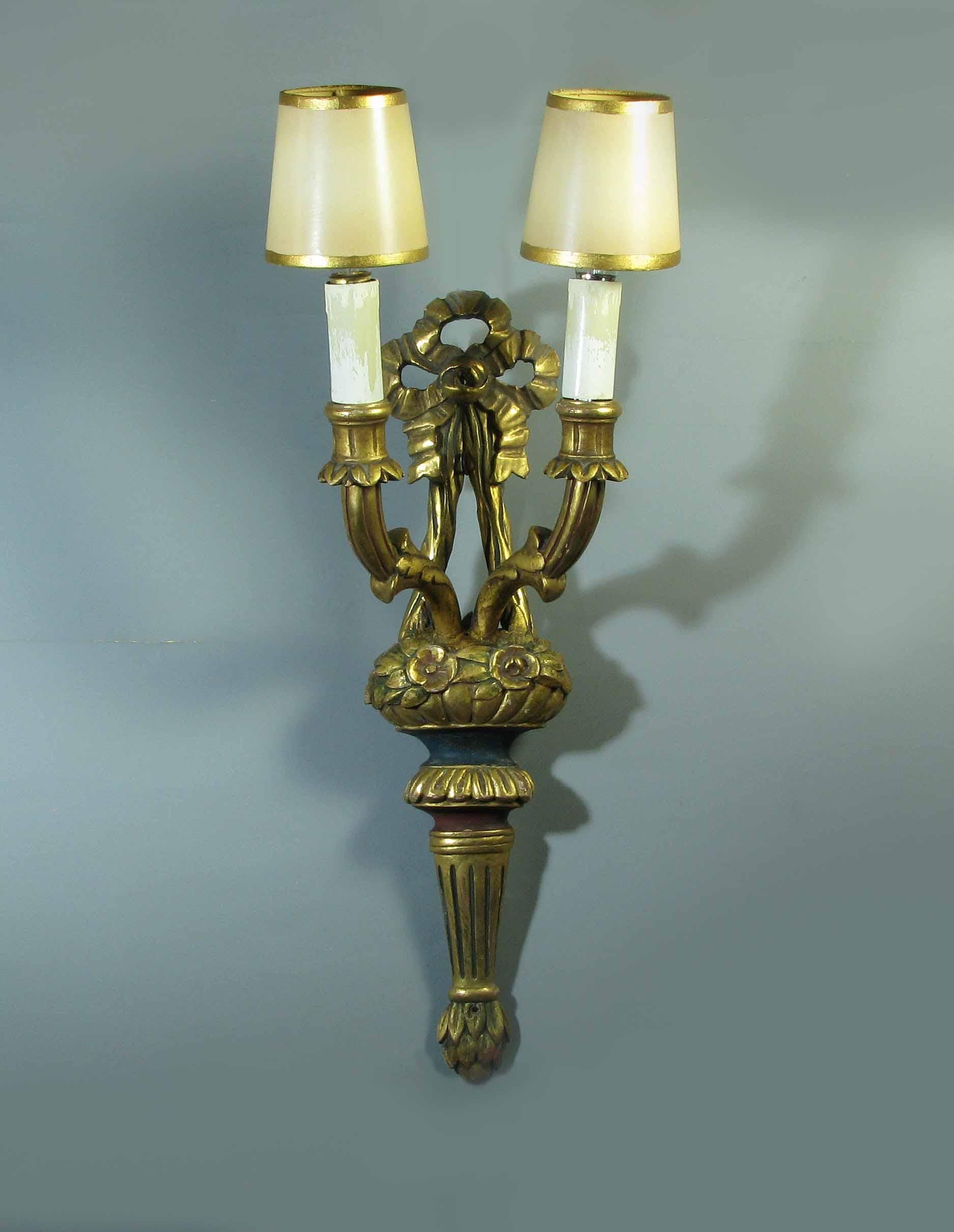 French Louis XVI Style Giltwoid Twin-Branch Wall Light First Half of 20th Century For Sale