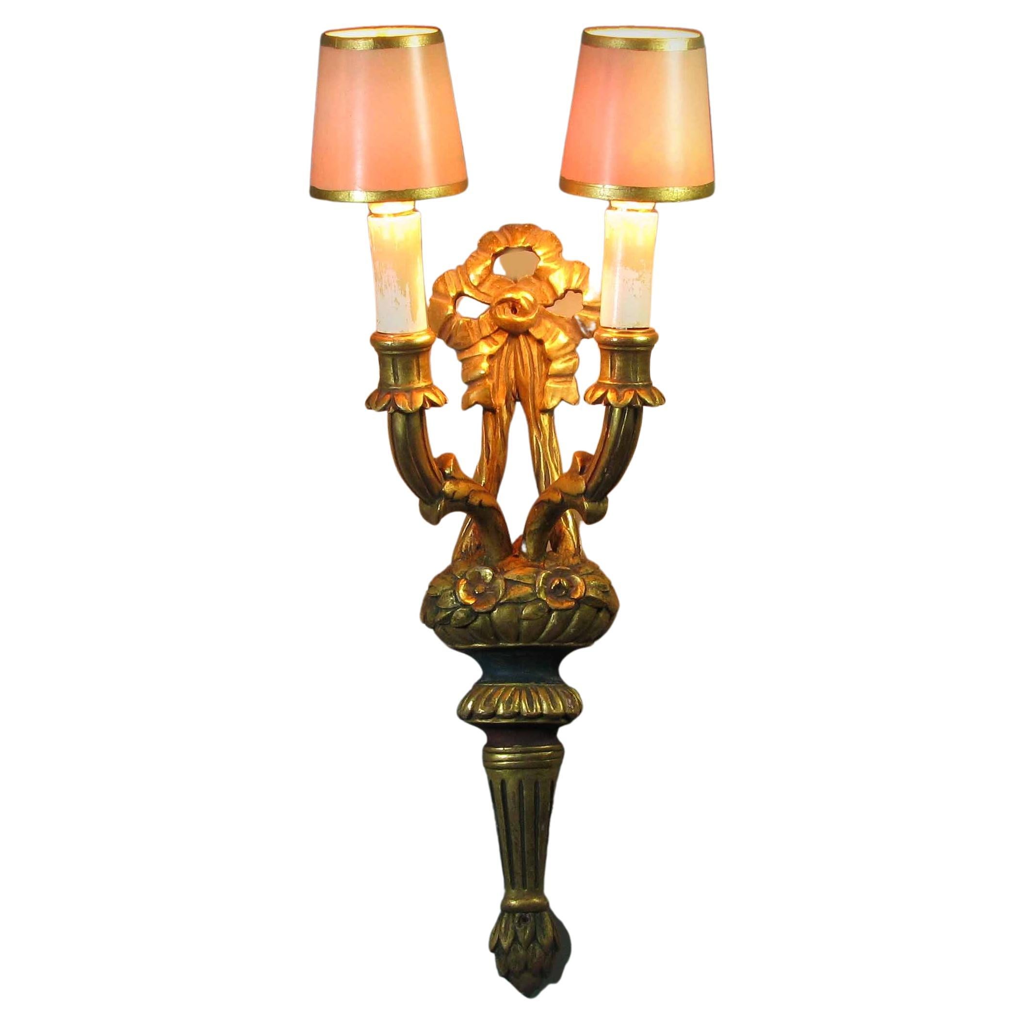 Louis XVI Style Giltwoid Twin-Branch Wall Light First Half of 20th Century For Sale