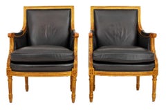 Louis XVI Style Giltwood Black Leather Bergeres, 2