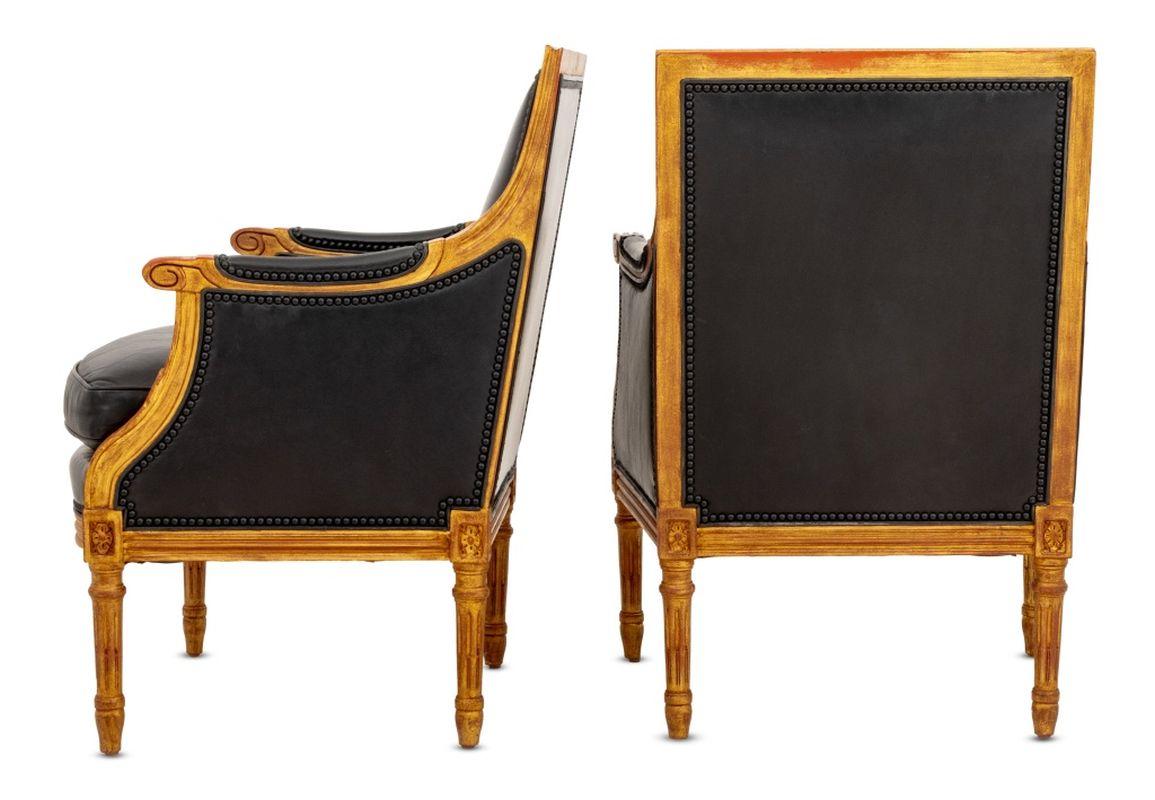 Louis XVI Style Giltwood Black Leather Bergeres, 2 In Good Condition In Astoria, NY