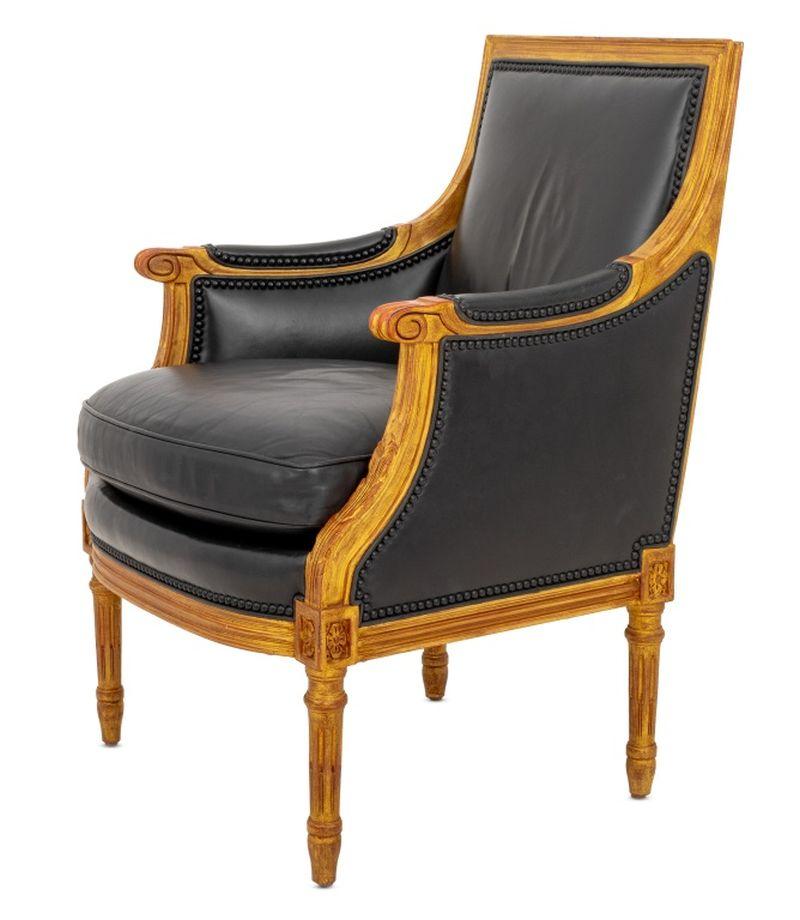 20th Century Louis XVI Style Giltwood Black Leather Bergeres, 2