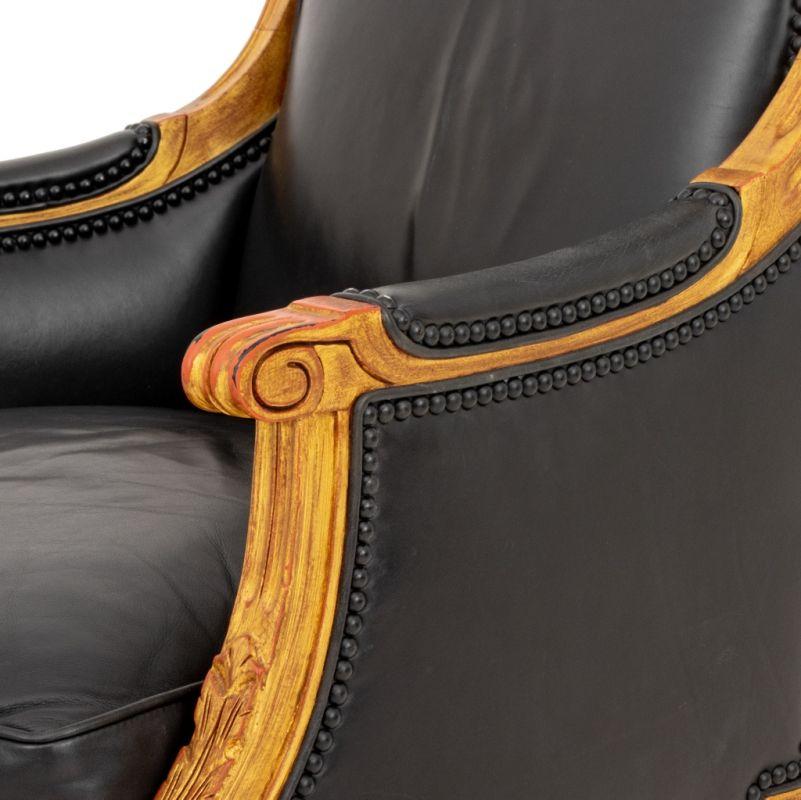 Louis XVI Style Giltwood Black Leather Bergeres, 2 1
