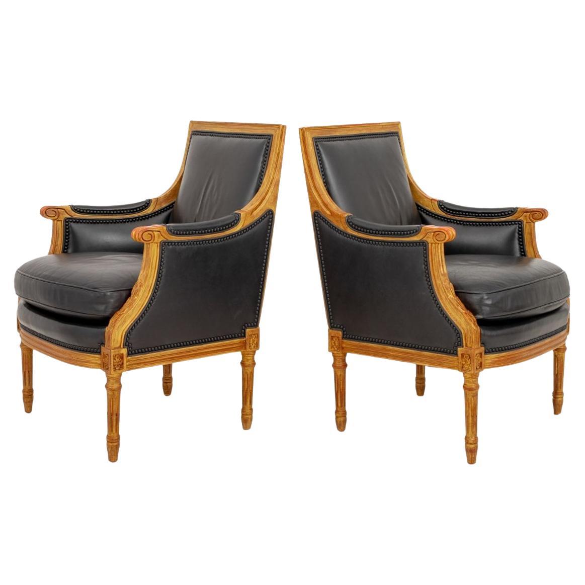 Louis XVI Style Giltwood Black Leather Bergeres, 2