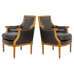 Louis XVI Style Giltwood Black Leather Bergeres, 2