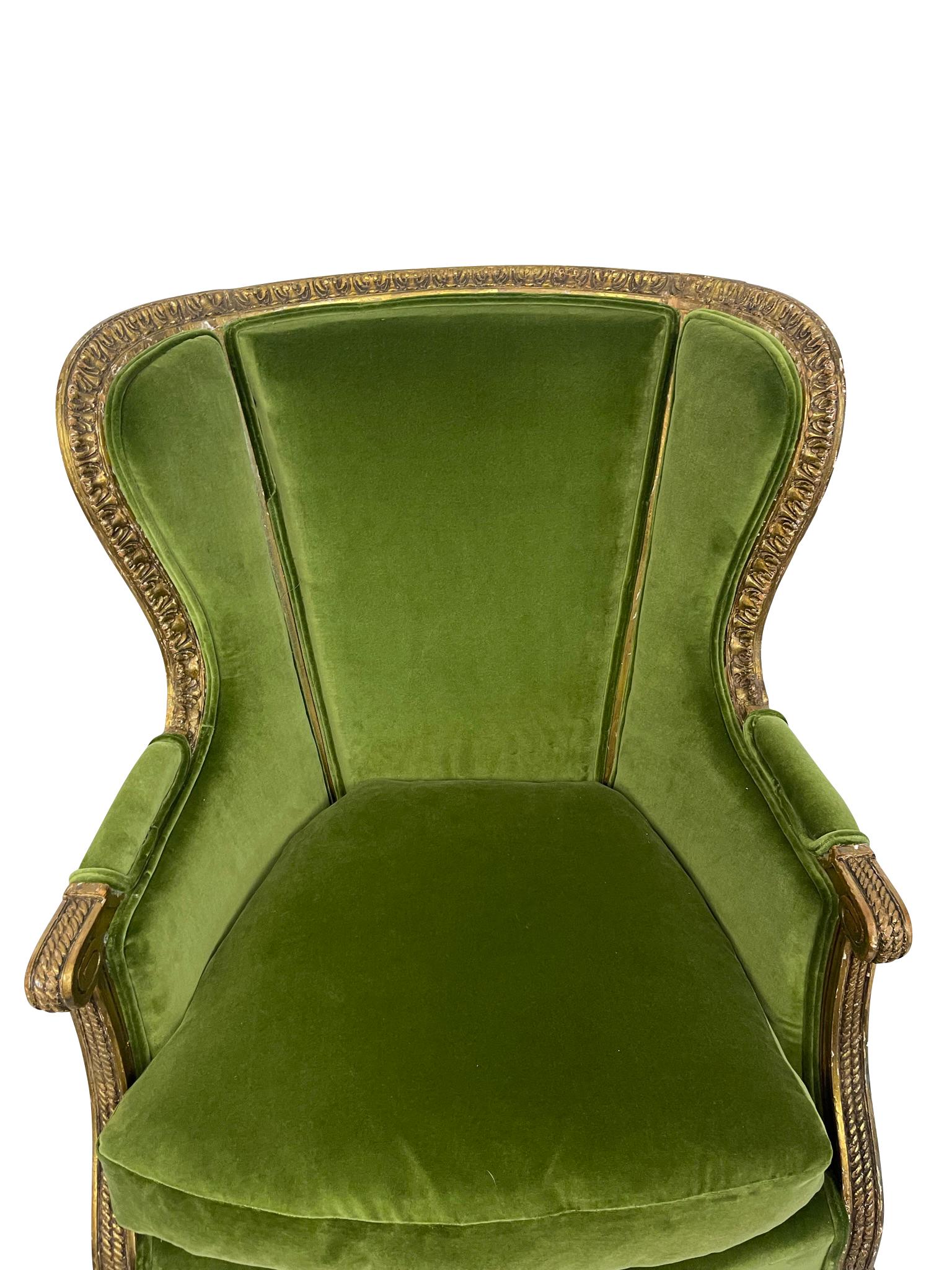 Louis XVI Style Giltwood Carved Bergere/ Arnchair with Green Velvet For Sale 2