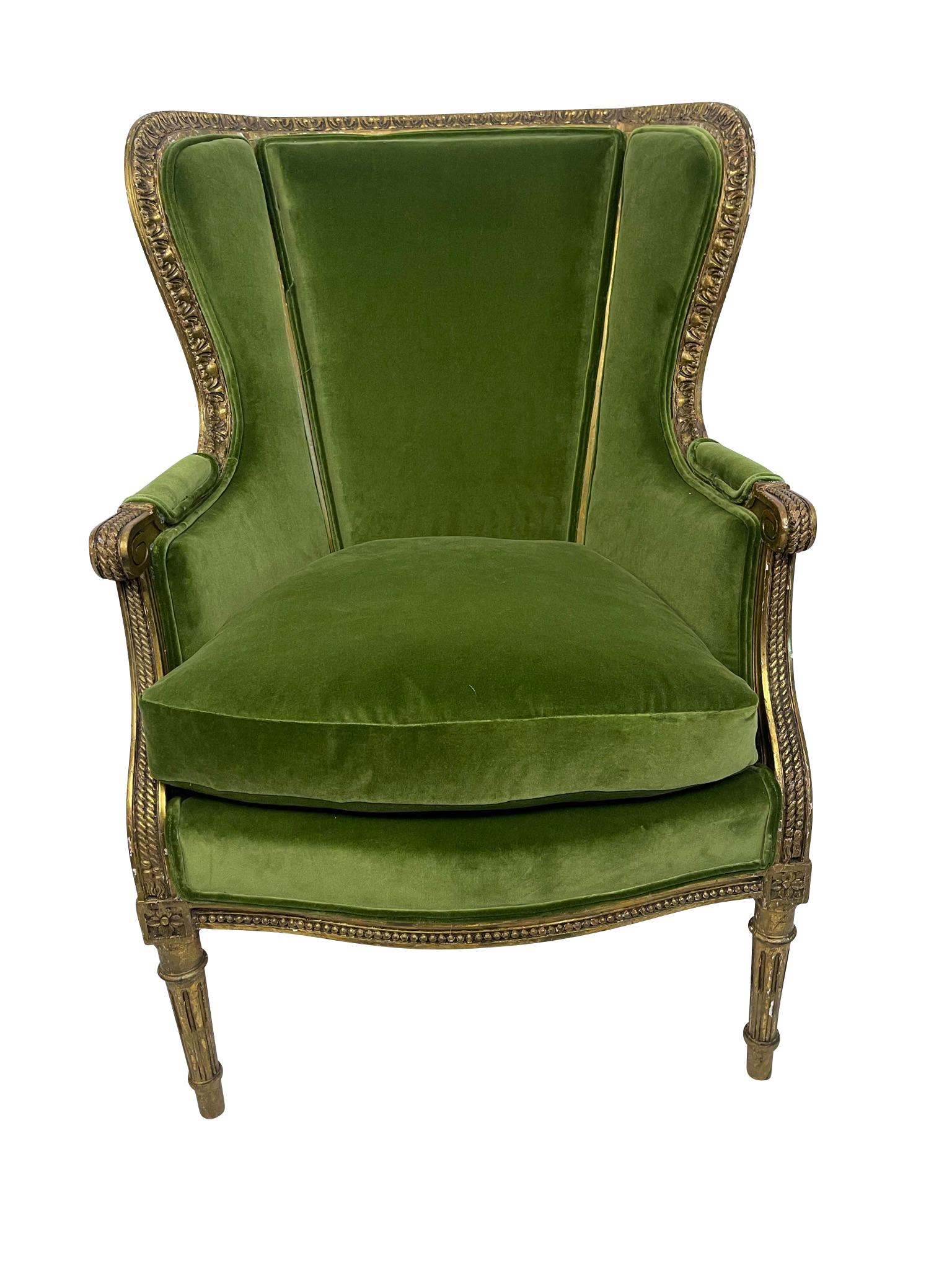Louis XVI Style Giltwood Carved Bergere/ Arnchair with Green Velvet For Sale 3