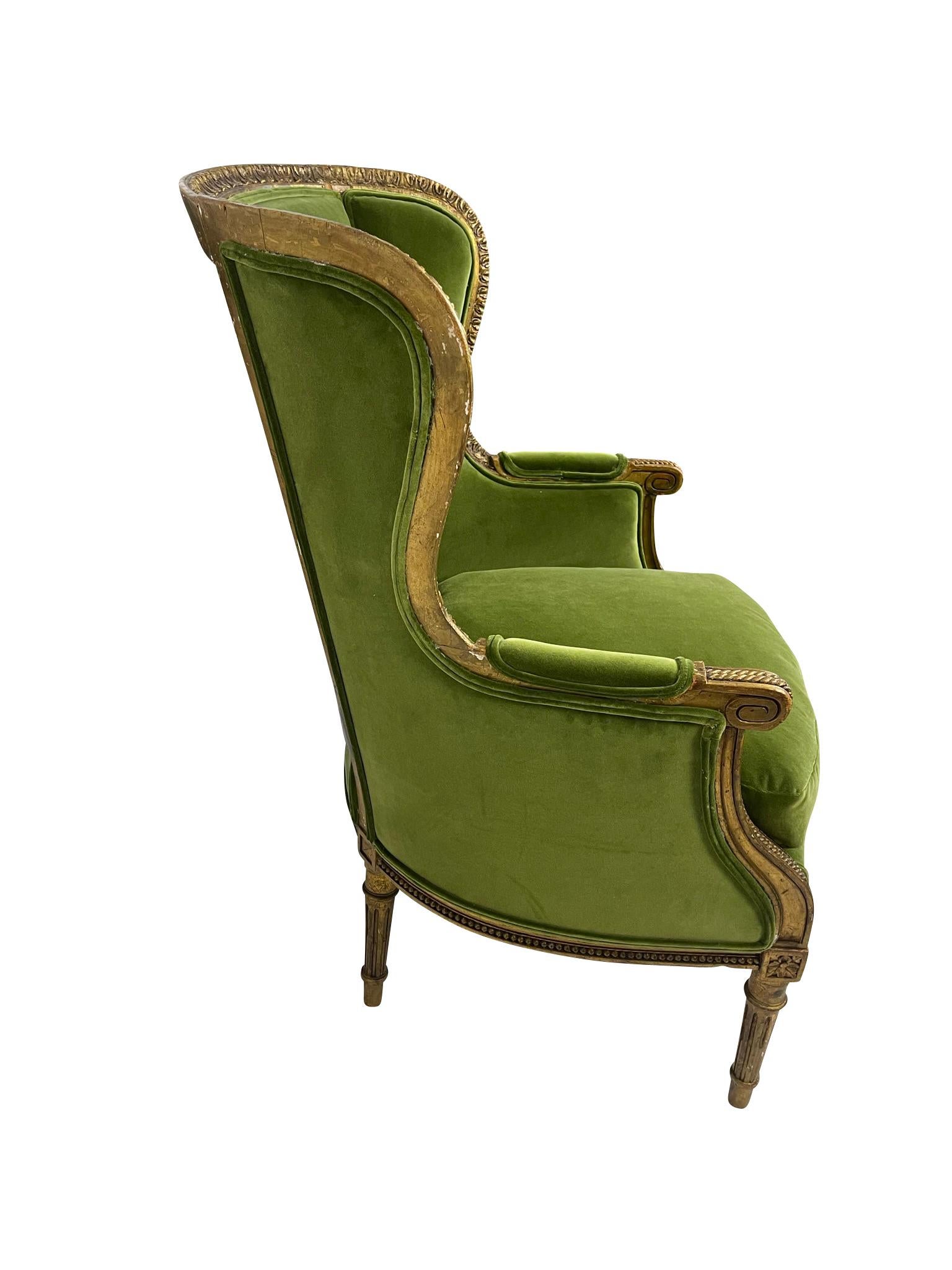 Hand-Carved Louis XVI Style Giltwood Carved Bergere/ Arnchair with Green Velvet For Sale