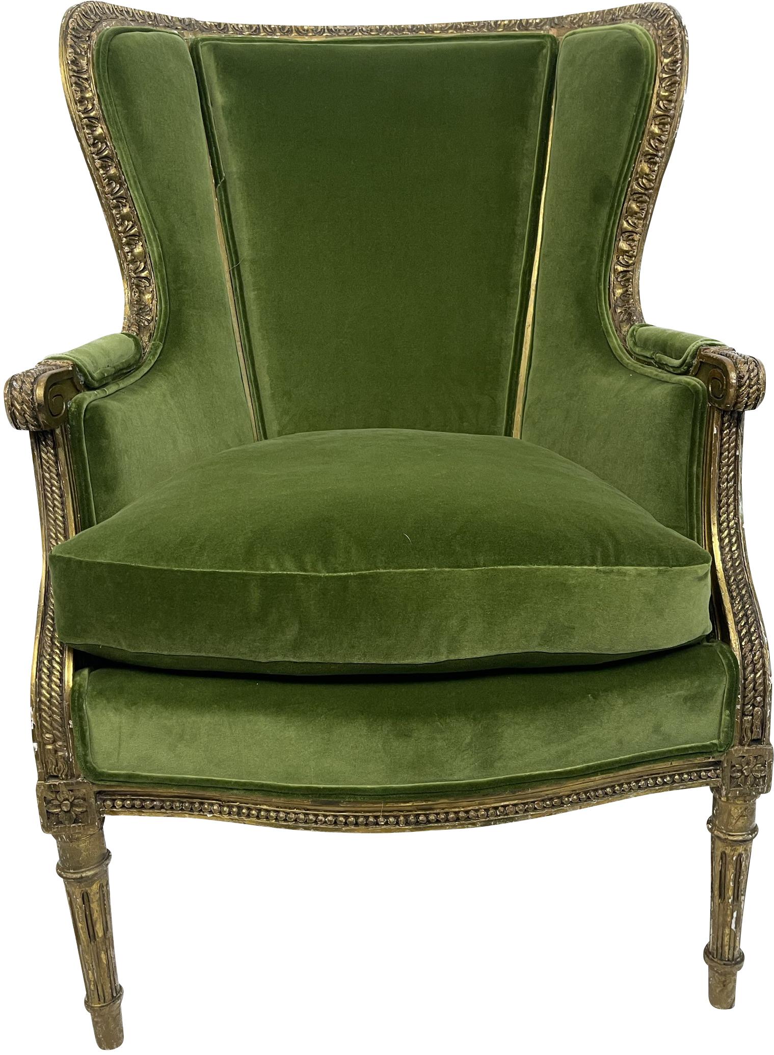 Louis XVI Style Giltwood Carved Bergere/ Arnchair with Green Velvet For Sale 1