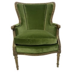 Louis XVI Style Giltwood Carved Bergere/ Chair with Green Velvet