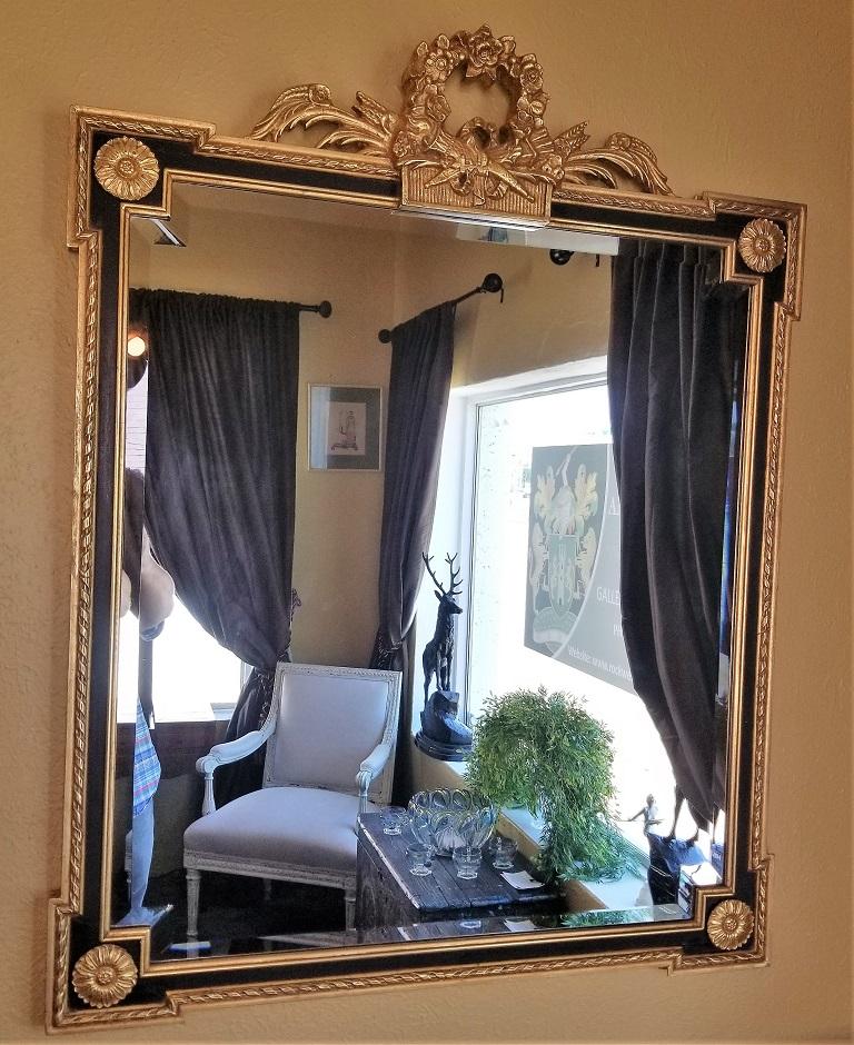Louis XVI Style Giltwood and Ebony Beveled Glass Mirror In Excellent Condition In Dallas, TX