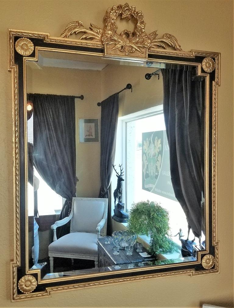 20th Century Louis XVI Style Giltwood and Ebony Beveled Glass Mirror