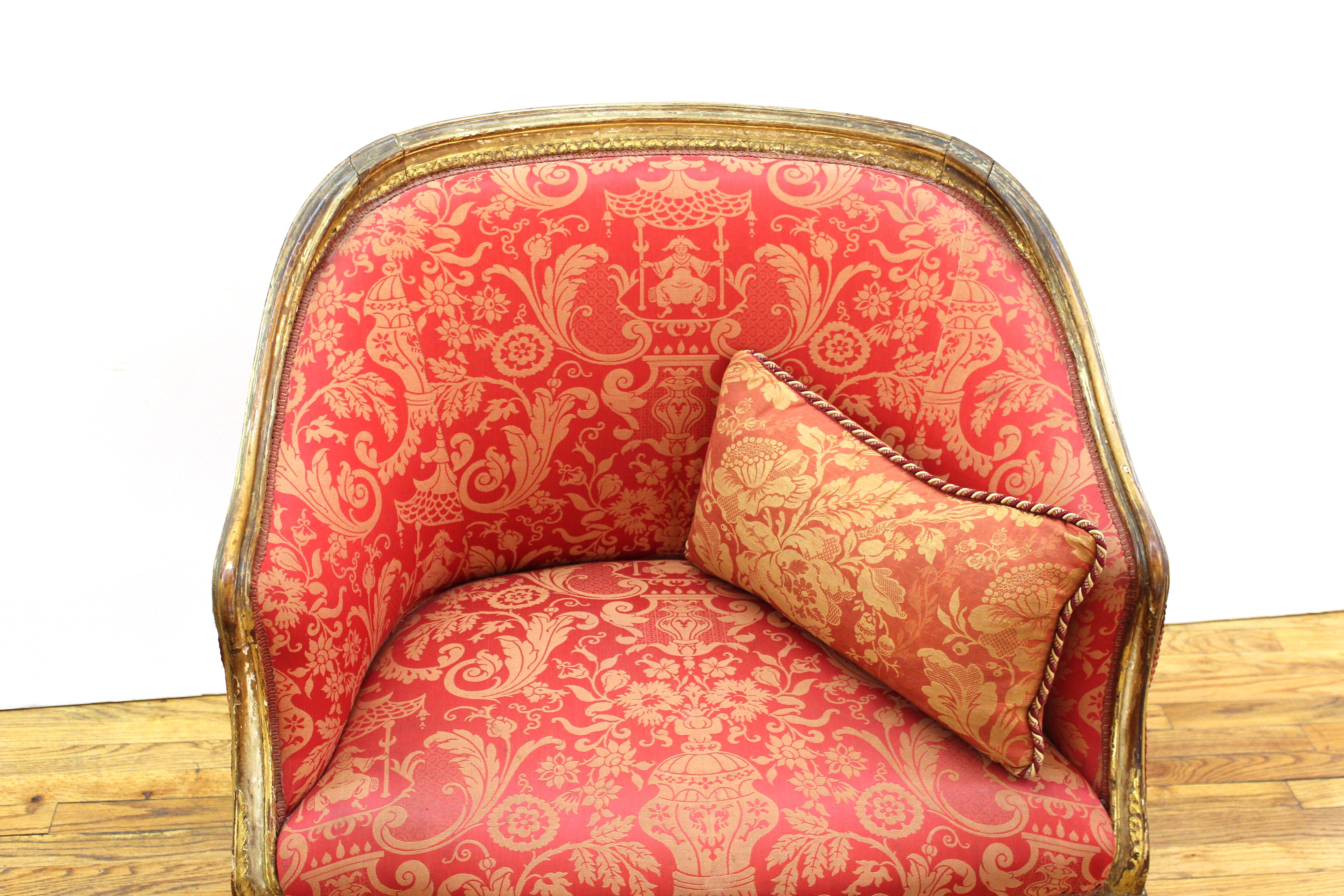 European Louis XVI Style Giltwood Fauteuil with Damask Upholstery