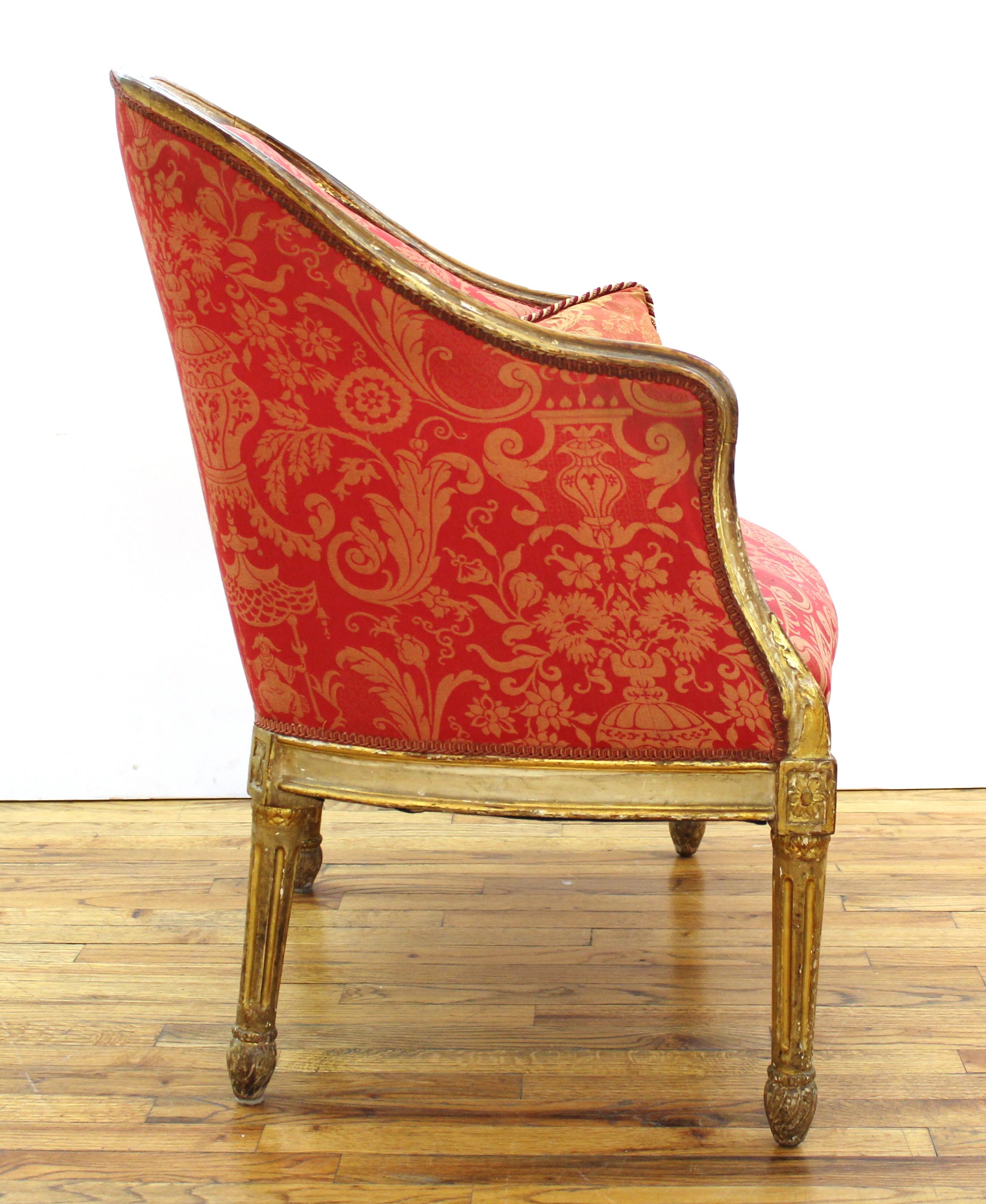 Louis XVI Style Giltwood Fauteuil with Damask Upholstery In Good Condition In New York, NY