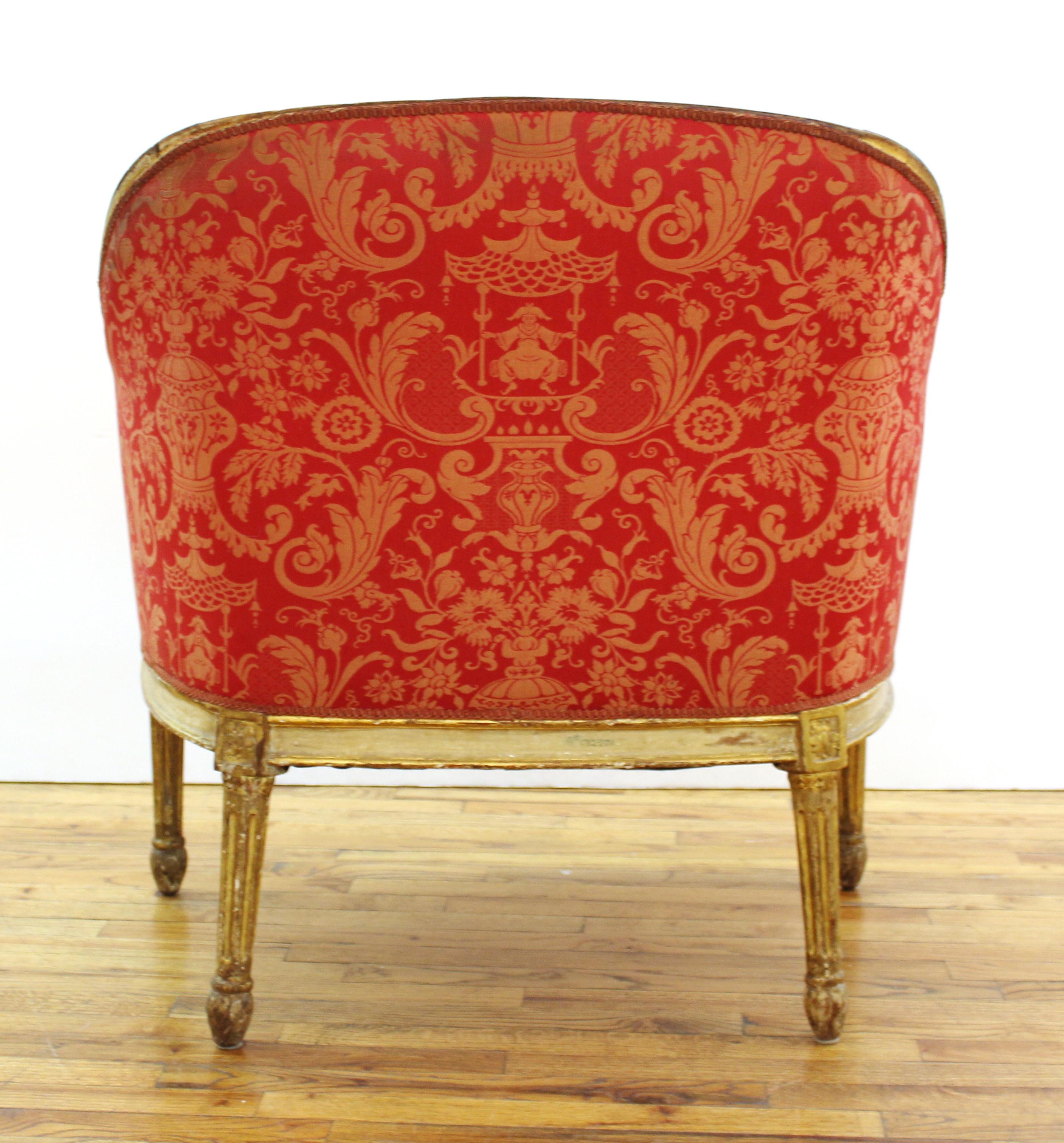 19th Century Louis XVI Style Giltwood Fauteuil with Damask Upholstery