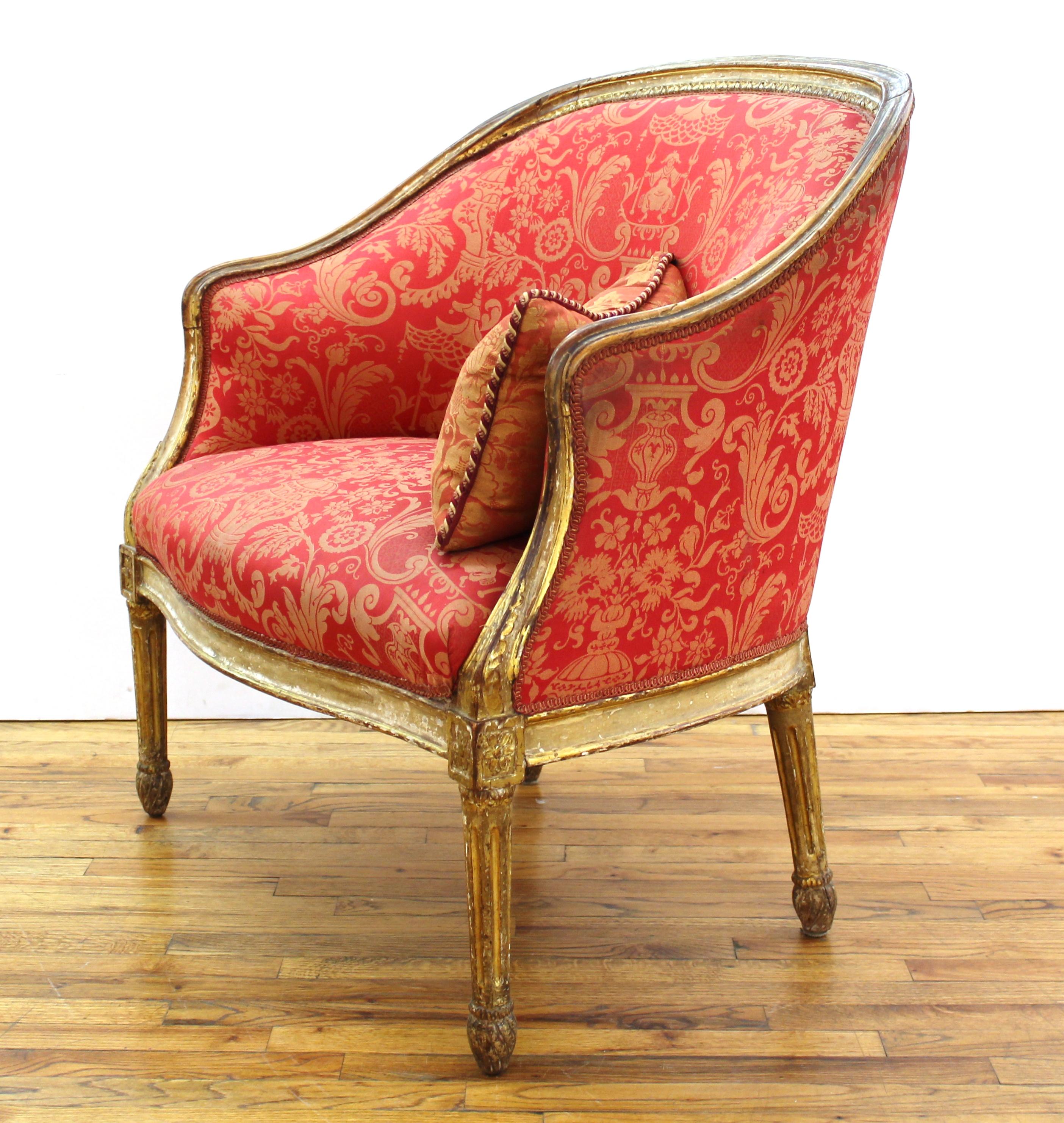 Louis XVI Style Giltwood Fauteuil with Damask Upholstery 1