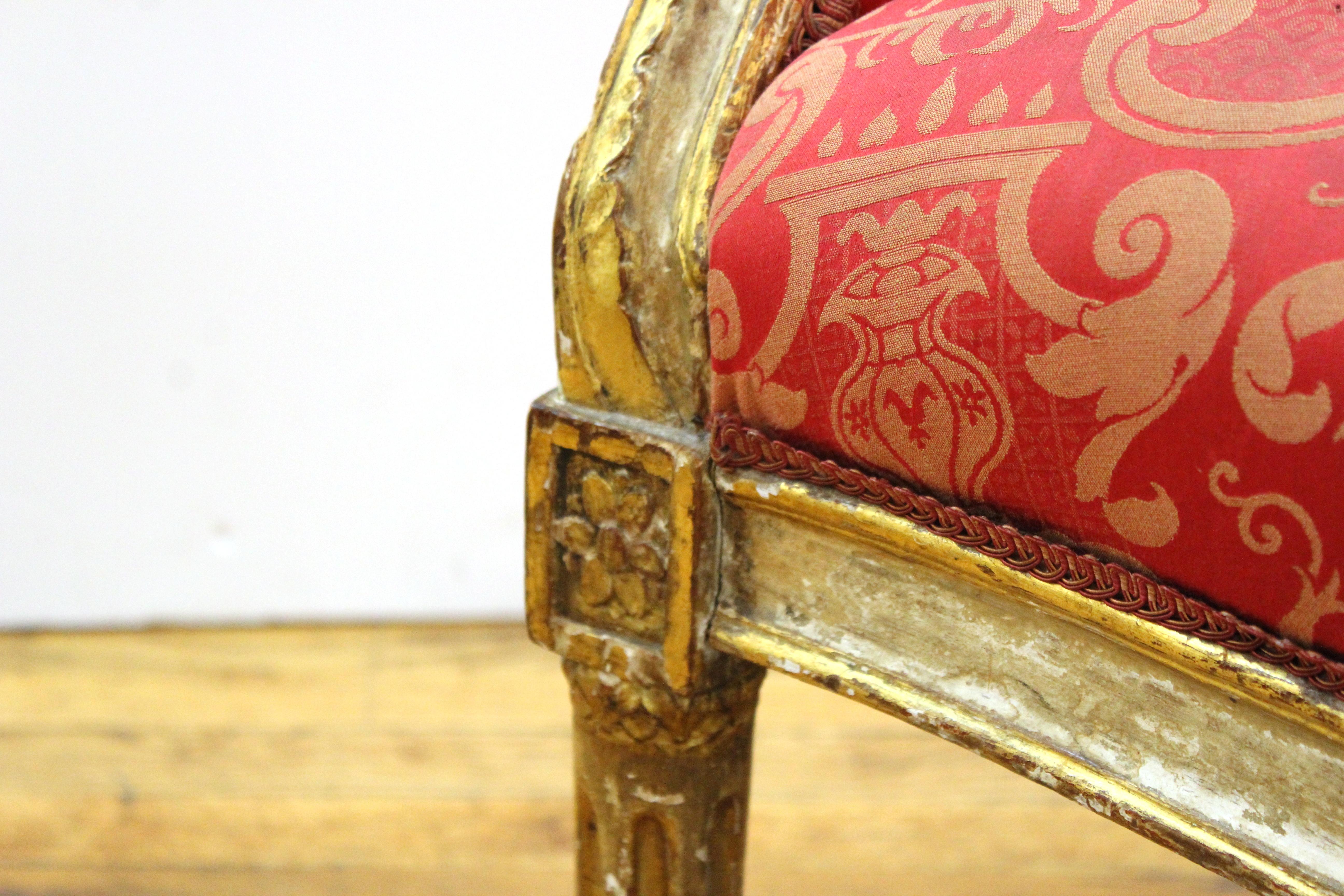 Louis XVI Style Giltwood Fauteuil with Damask Upholstery 4