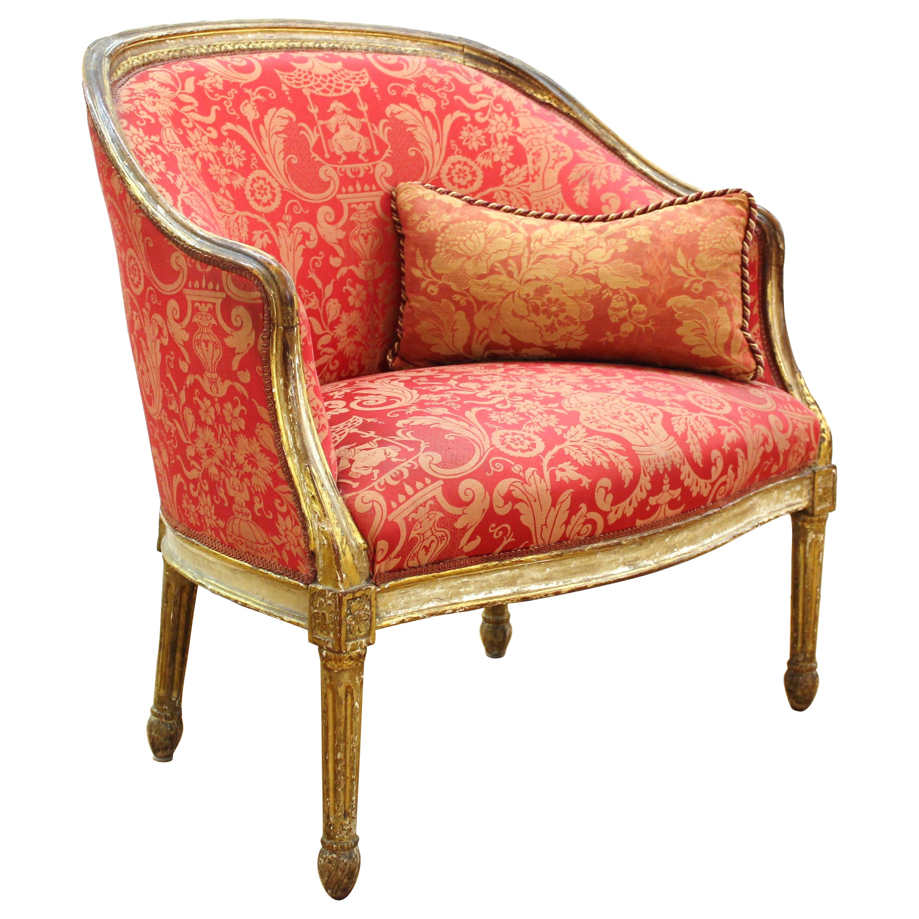 Louis XVI Style Giltwood Fauteuil with Damask Upholstery