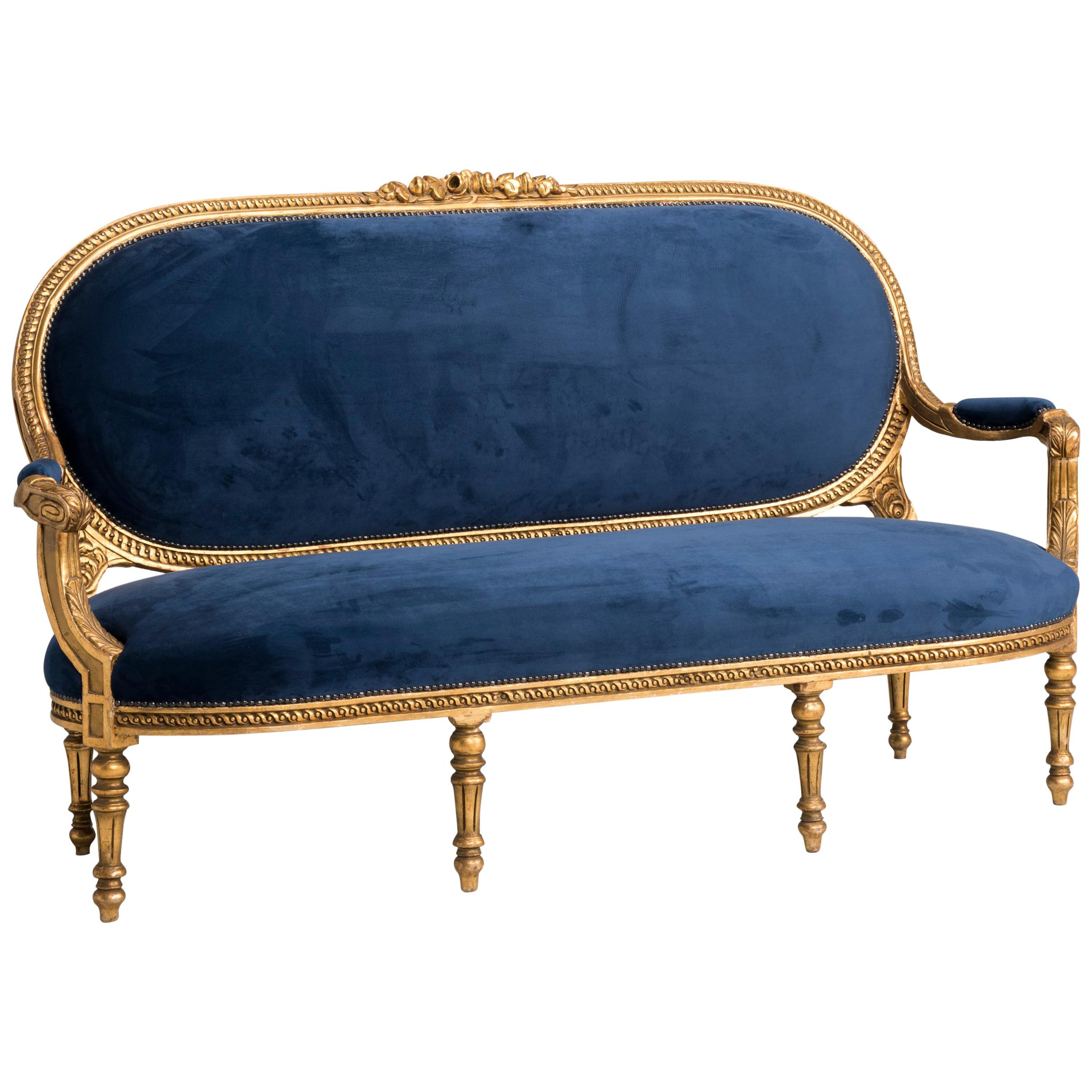 Louis XVI Style Giltwood Goldfoil Blue Velvet Sofa from Italy, from 1950