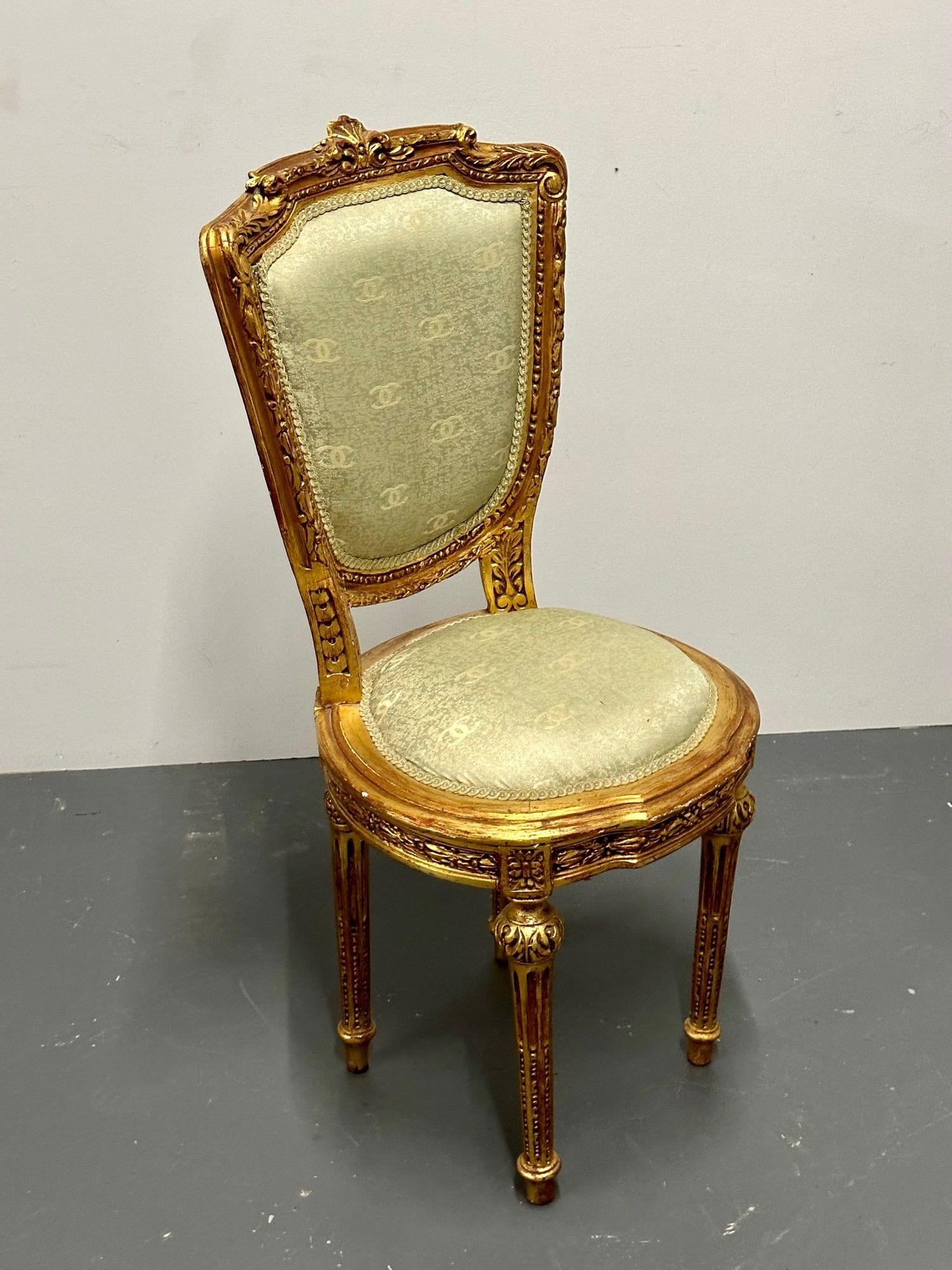 French Louis XVI Style Giltwood Hand Carved Side / Accent Chair, Chanel Fabric, 19th C.