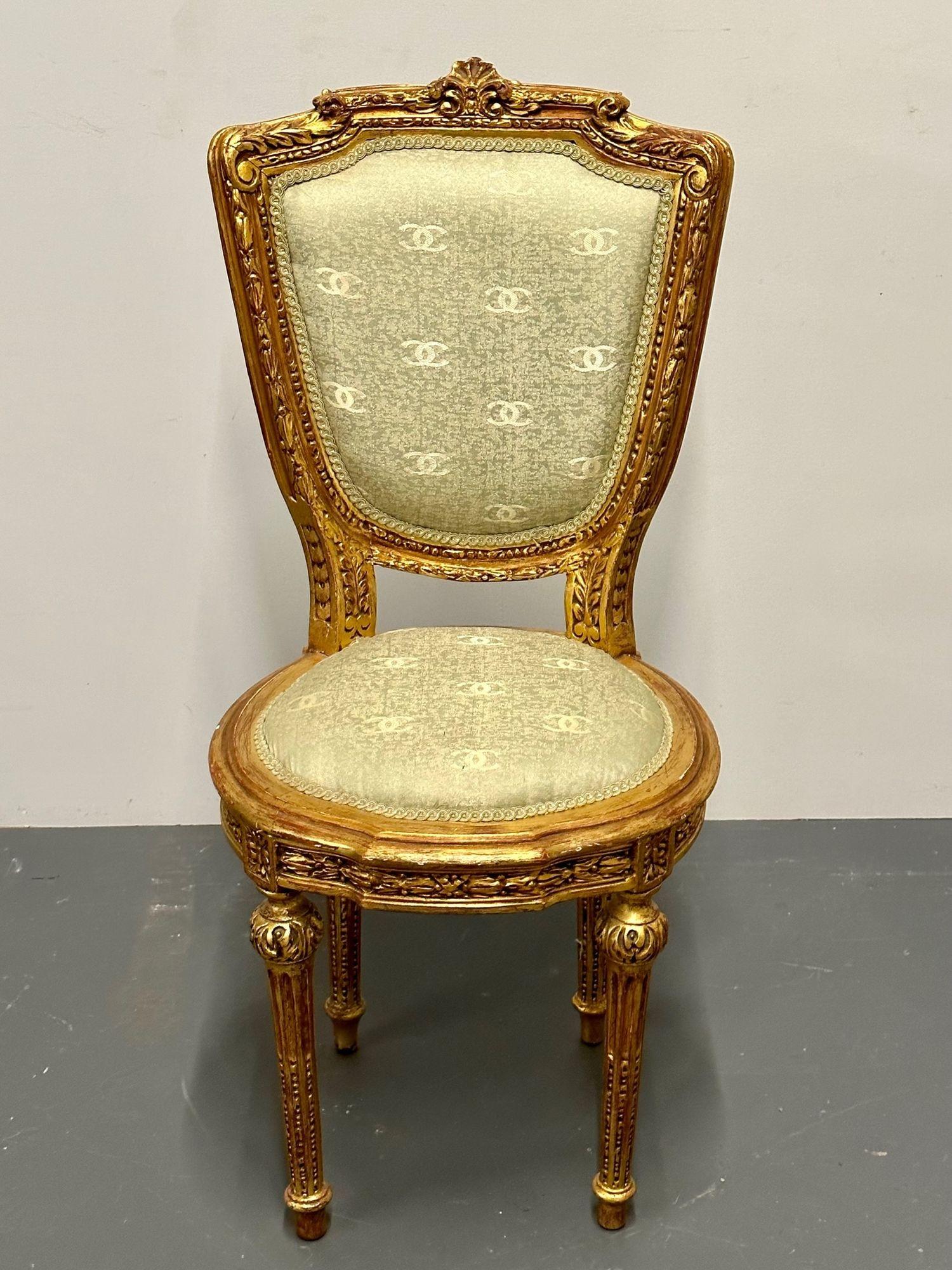 Louis XVI Style Giltwood Hand Carved Side / Accent Chair, Chanel Fabric, 19th C. In Good Condition In Stamford, CT