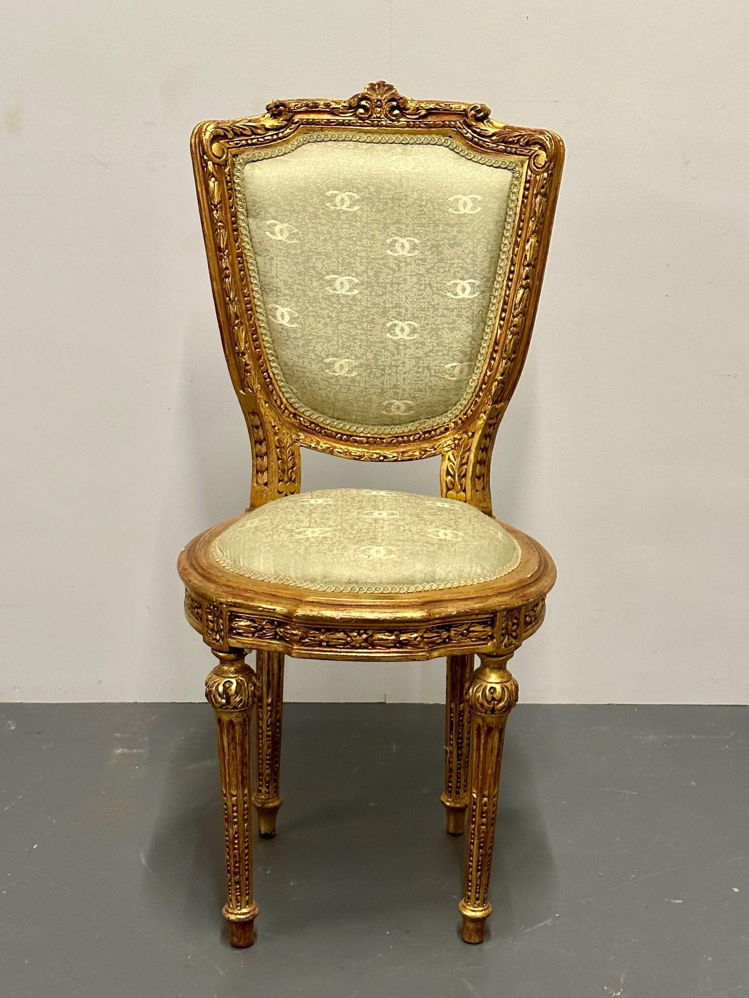 20th Century Louis XVI Style Giltwood Hand Carved Side / Accent Chair, Chanel Fabric, 19th C.