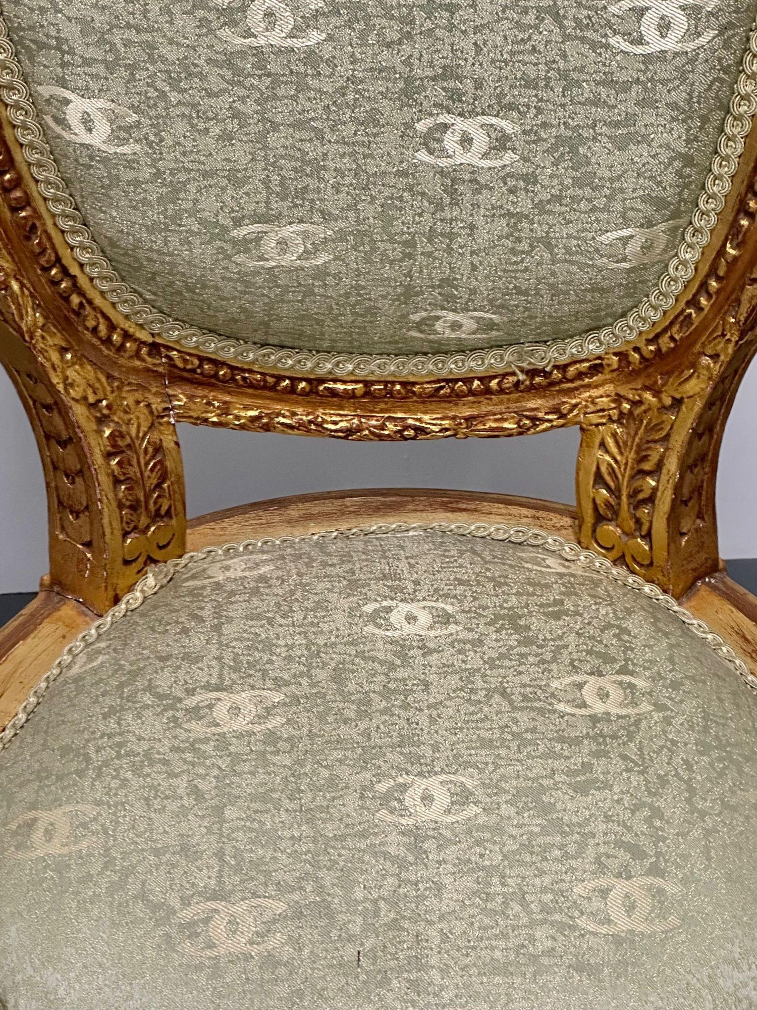 Louis XVI Style Giltwood Hand Carved Side / Accent Chair, Chanel Fabric, 19th C. 1