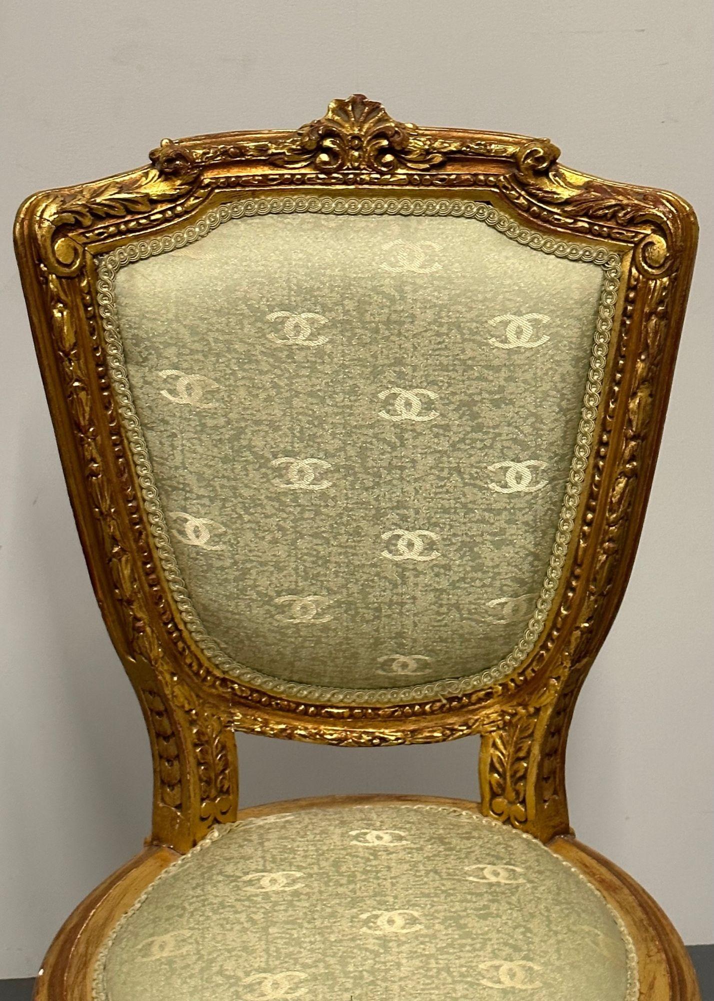 Louis XVI Style Giltwood Hand Carved Side / Accent Chair, Chanel Fabric, 19th C. 2
