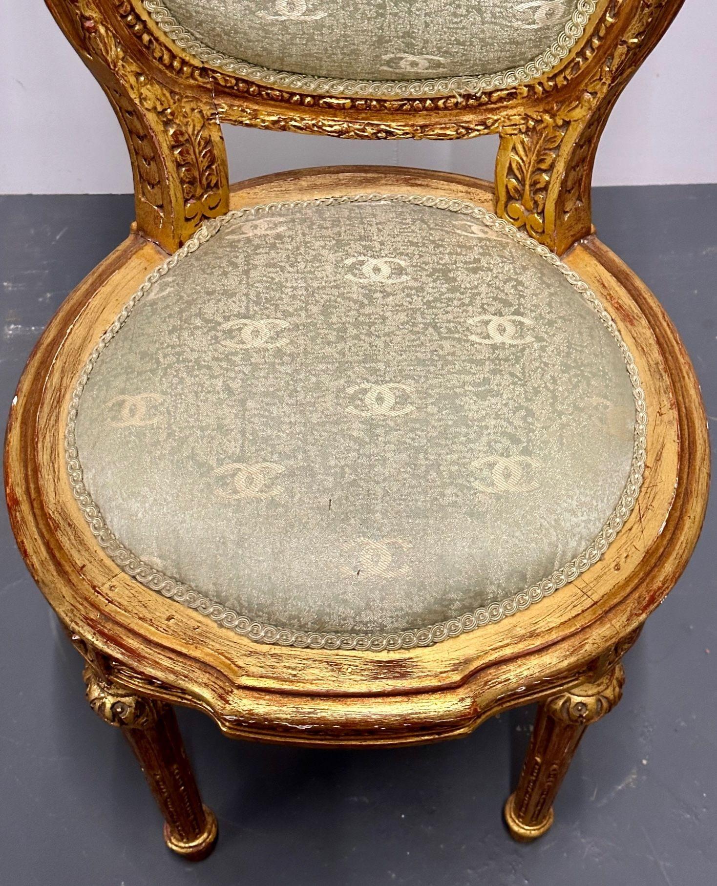 Louis XVI Style Giltwood Hand Carved Side / Accent Chair, Chanel Fabric, 19th C. 3