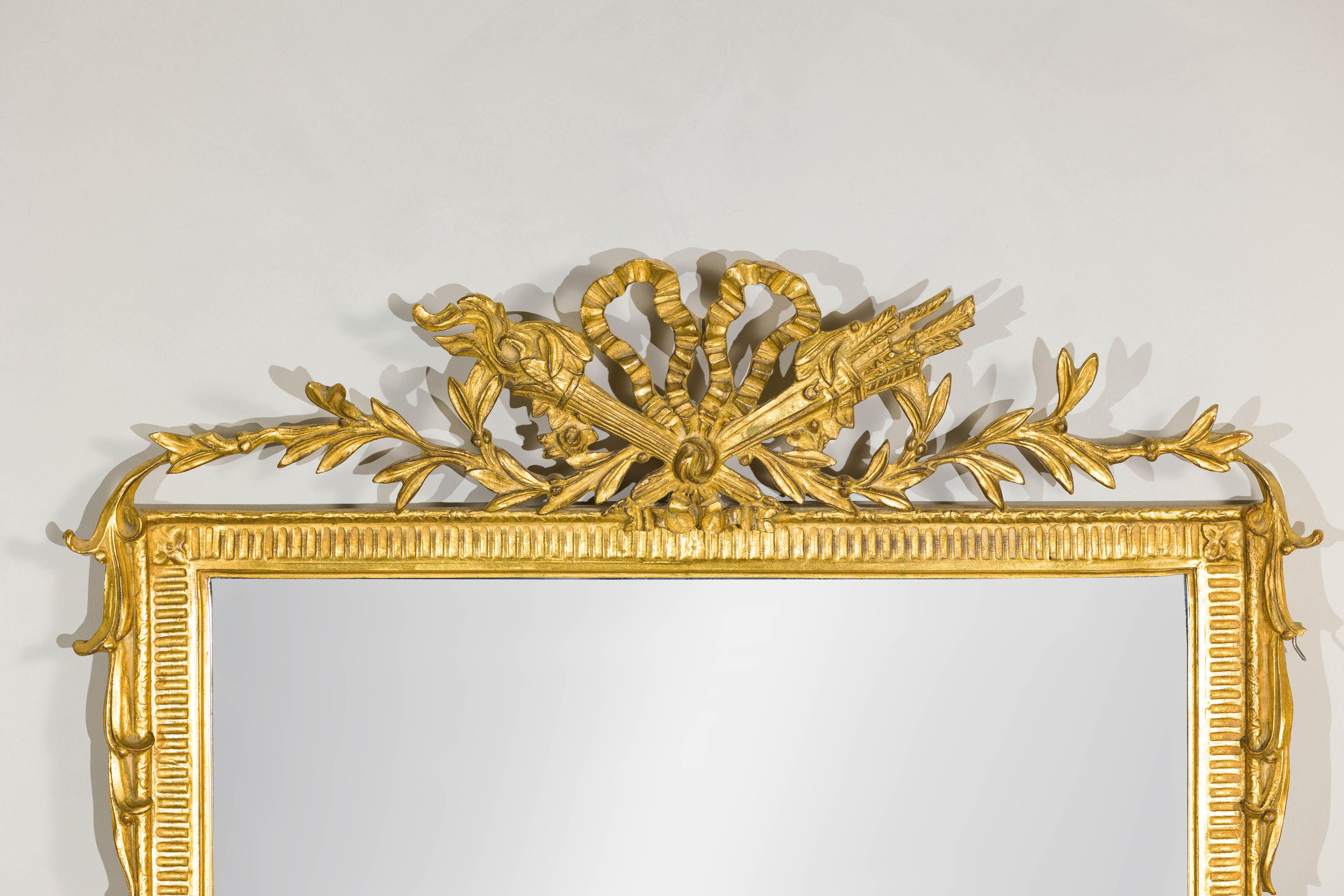 Carved Louis XVI-Style Giltwood Mirror with Allegorical Crest of Triumph and Virtue For Sale