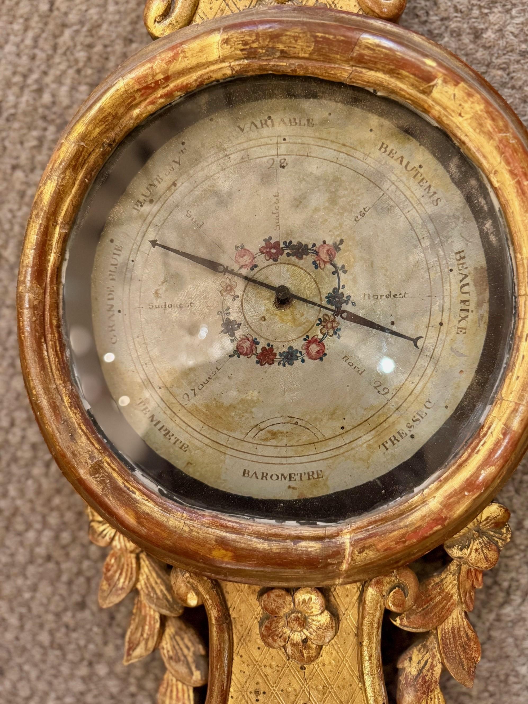 thermomètre / baromètre bois doré de style Louis XVI en vente 5