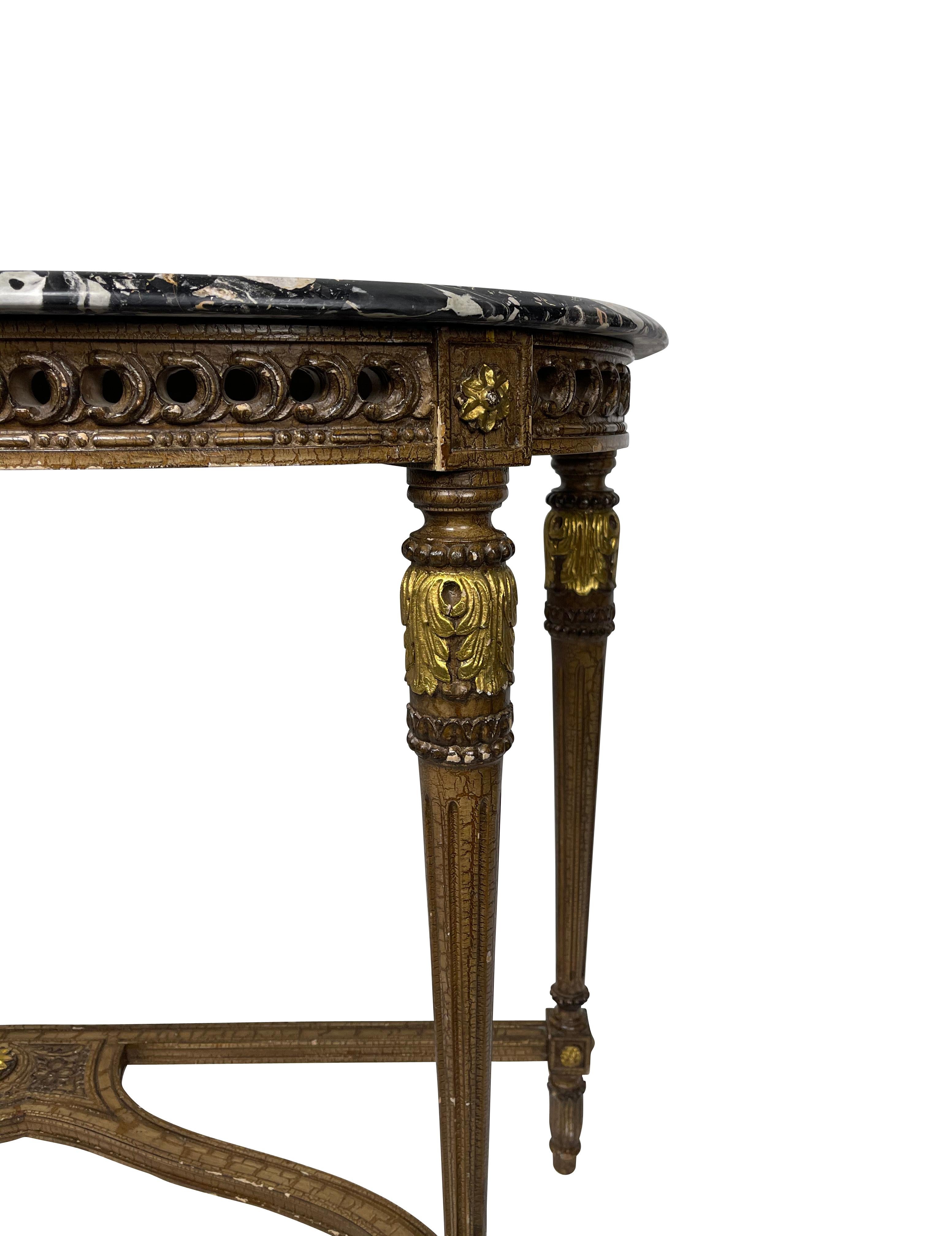 Carved Louis XVI Style Gold Gilt Black Marble Console Table
