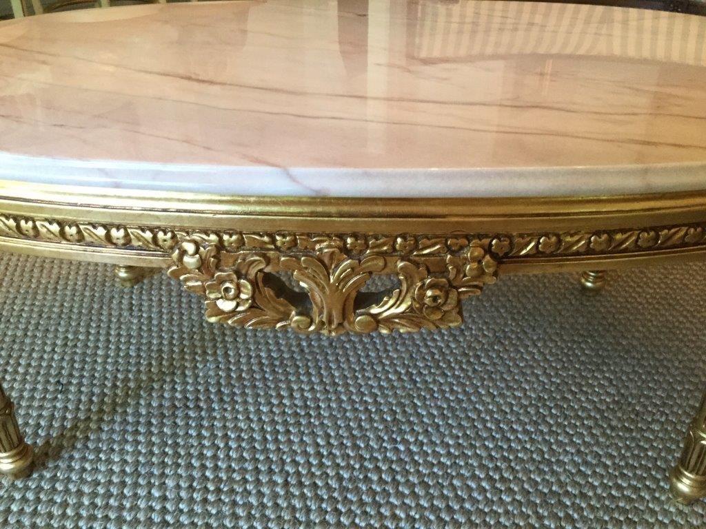 Louis XVI Style Gold Gilt Marble Top Coffee Table In Excellent Condition For Sale In Livingston, NJ