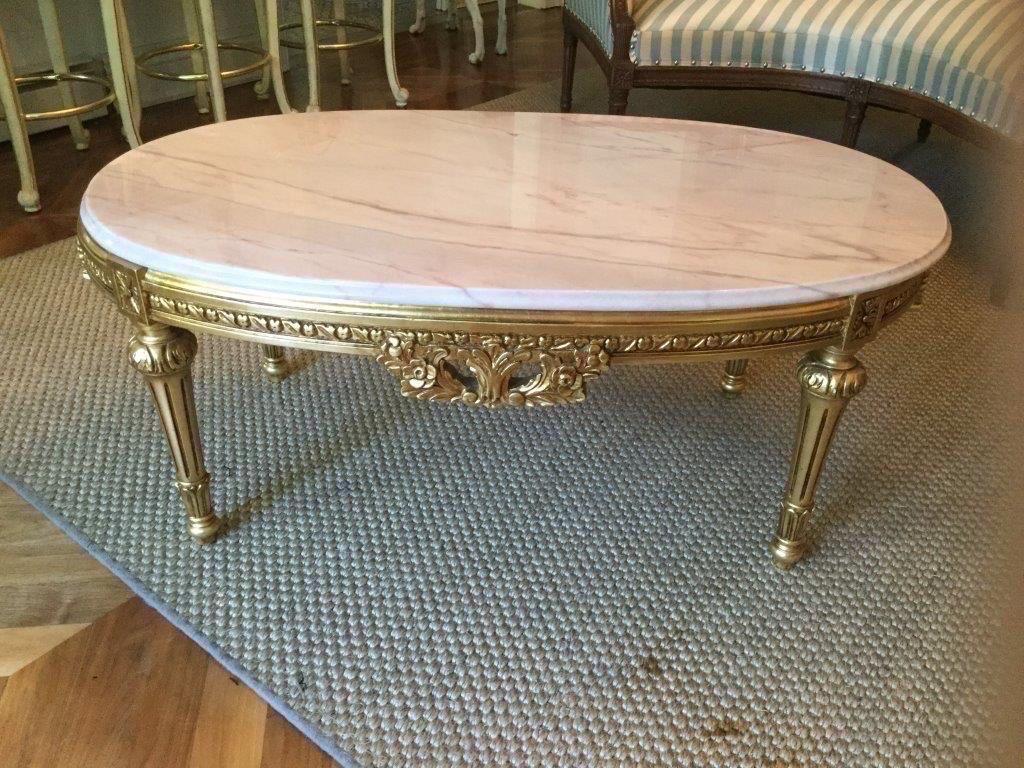 Contemporary Louis XVI Style Gold Gilt Marble Top Coffee Table For Sale