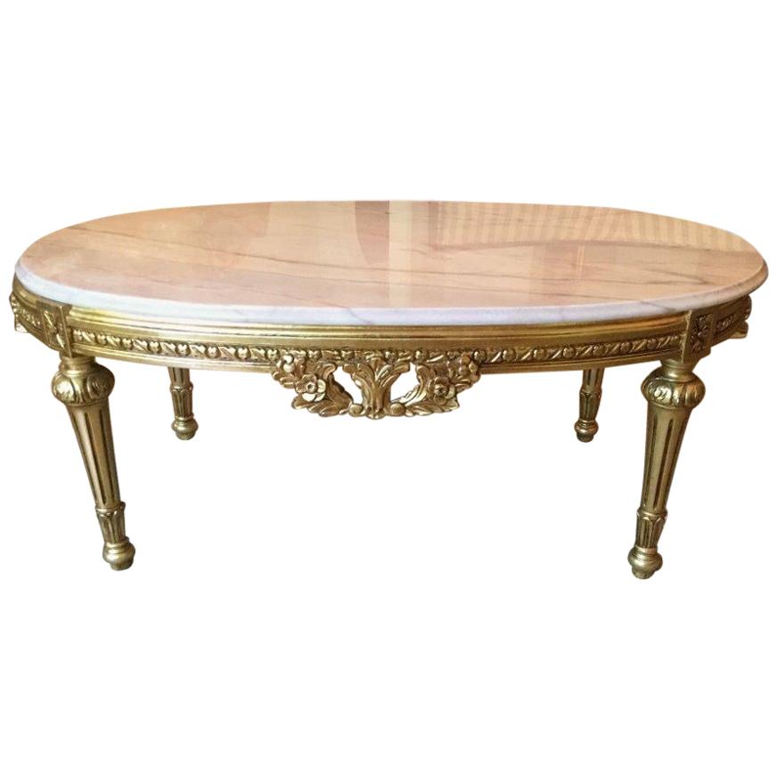 Louis XVI Style Gold Gilt Marble Top Coffee Table For Sale