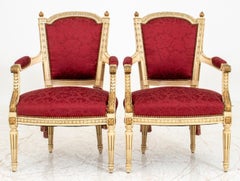 Louis XVI Style Gold & White Painted Arm Chairs, Pair