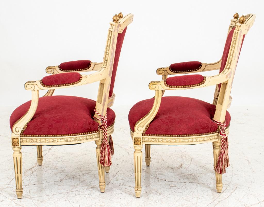Louis XVI Style Gold & White Painted Arm Chairs, Pair In Good Condition For Sale In New York, NY