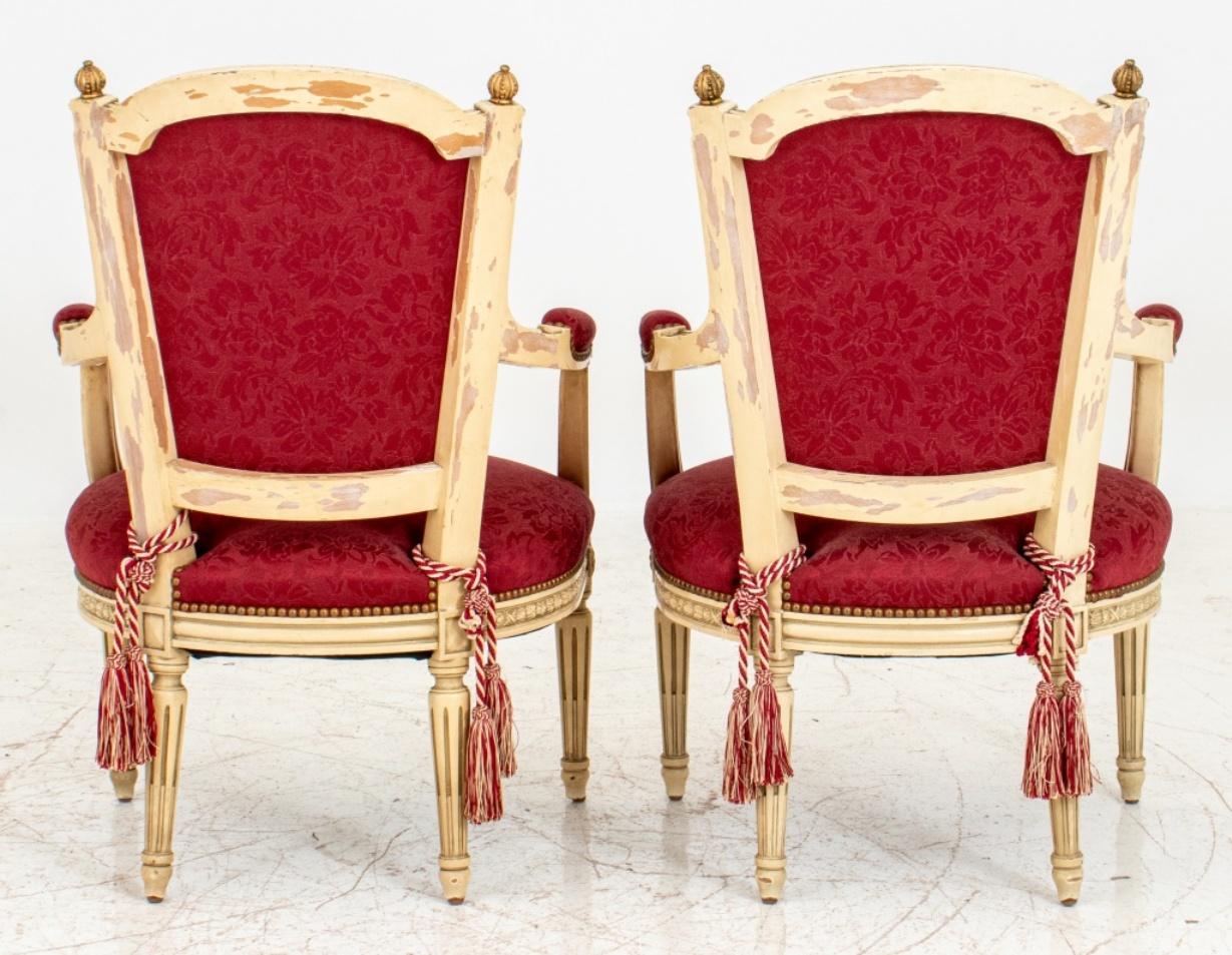 20th Century Louis XVI Style Gold & White Painted Arm Chairs, Pair For Sale