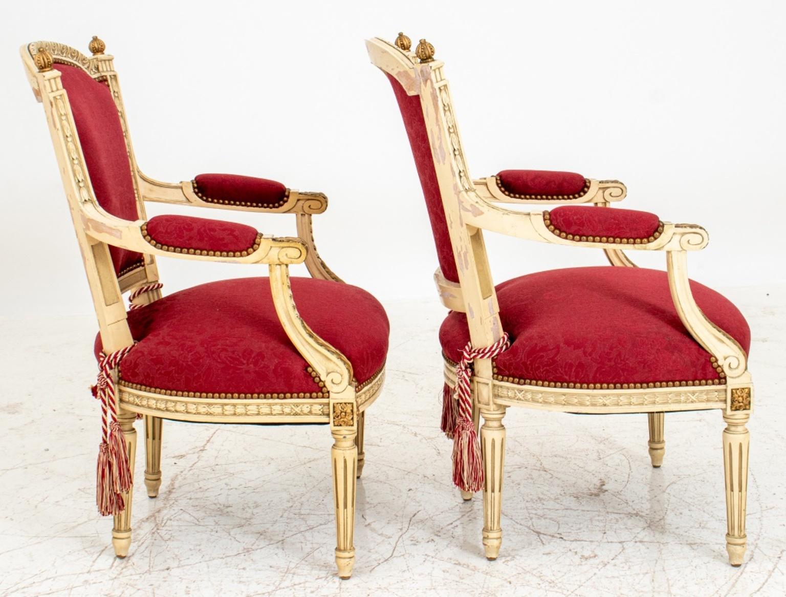 Fabric Louis XVI Style Gold & White Painted Arm Chairs, Pair For Sale
