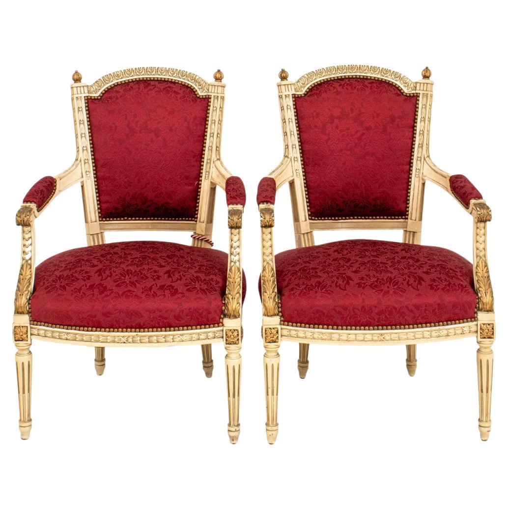 Louis XVI Style Gold & White Painted Arm Chairs, Pair For Sale