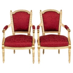 Vintage Louis XVI Style Gold & White Painted Arm Chairs, Pair