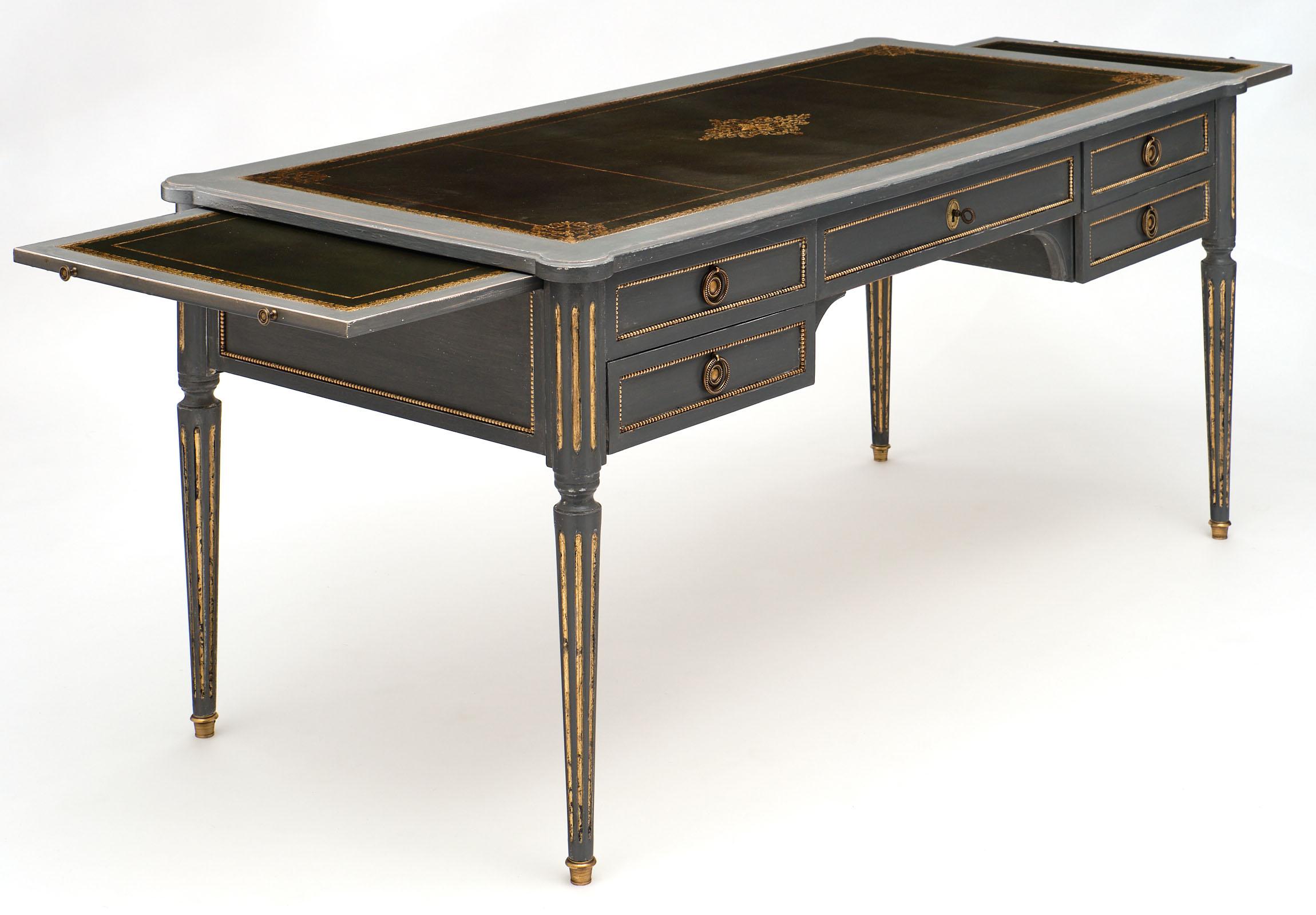 Bronze Louis XVI Style Grand Gray Painted Desk